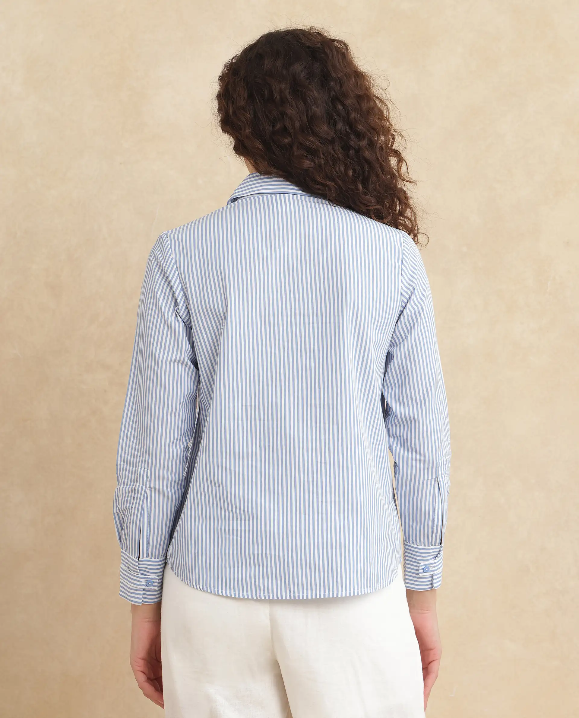 Rareism Women's Alug Blue Cotton Drop Collar Striped Cuffed Sleeve Regular Fit Shirt - Image 9