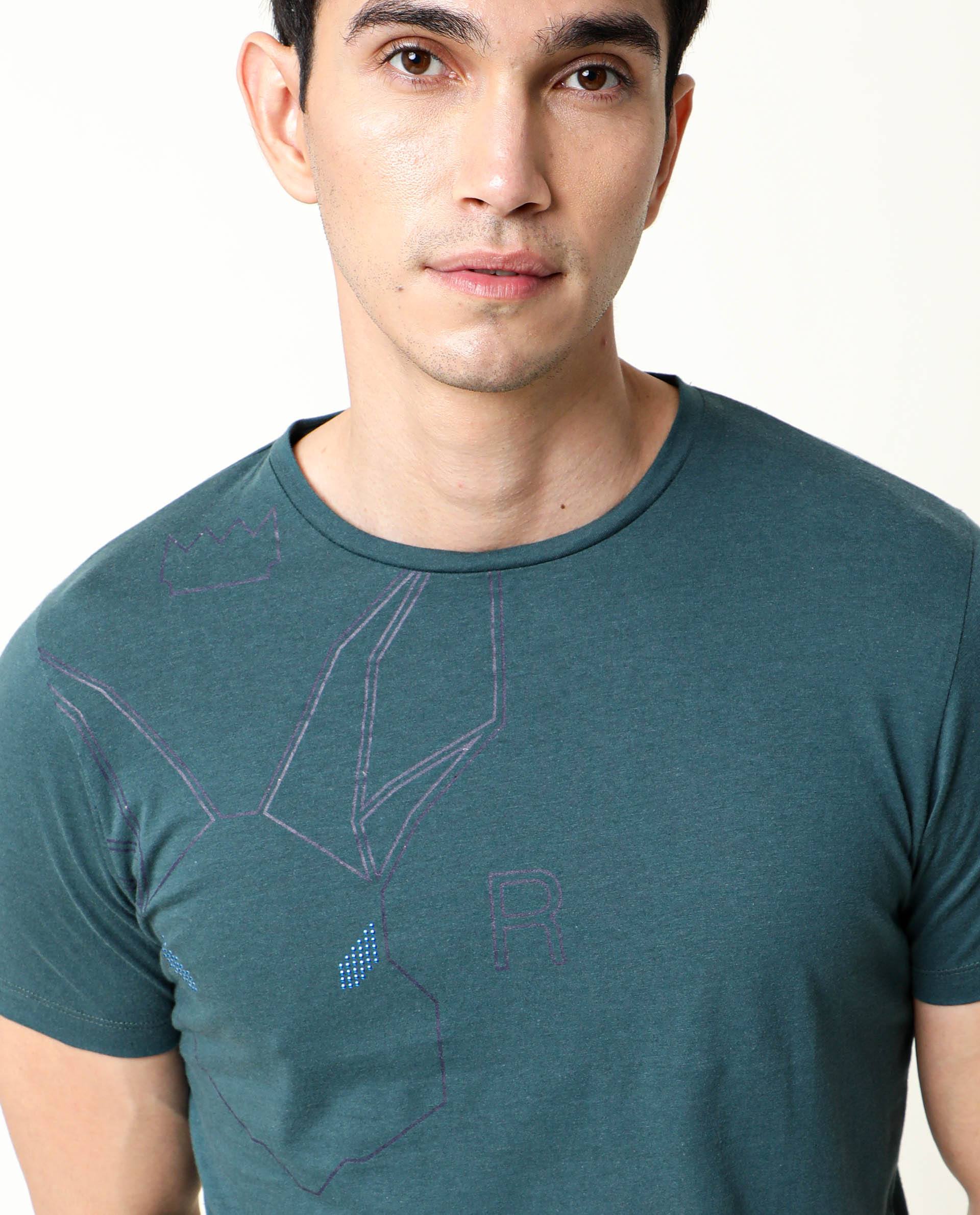 Rare Rabbit Men's Alure Petrol Cotton Graphic Print Slim Fit Half Sleeve Crew Neck T-Shirt