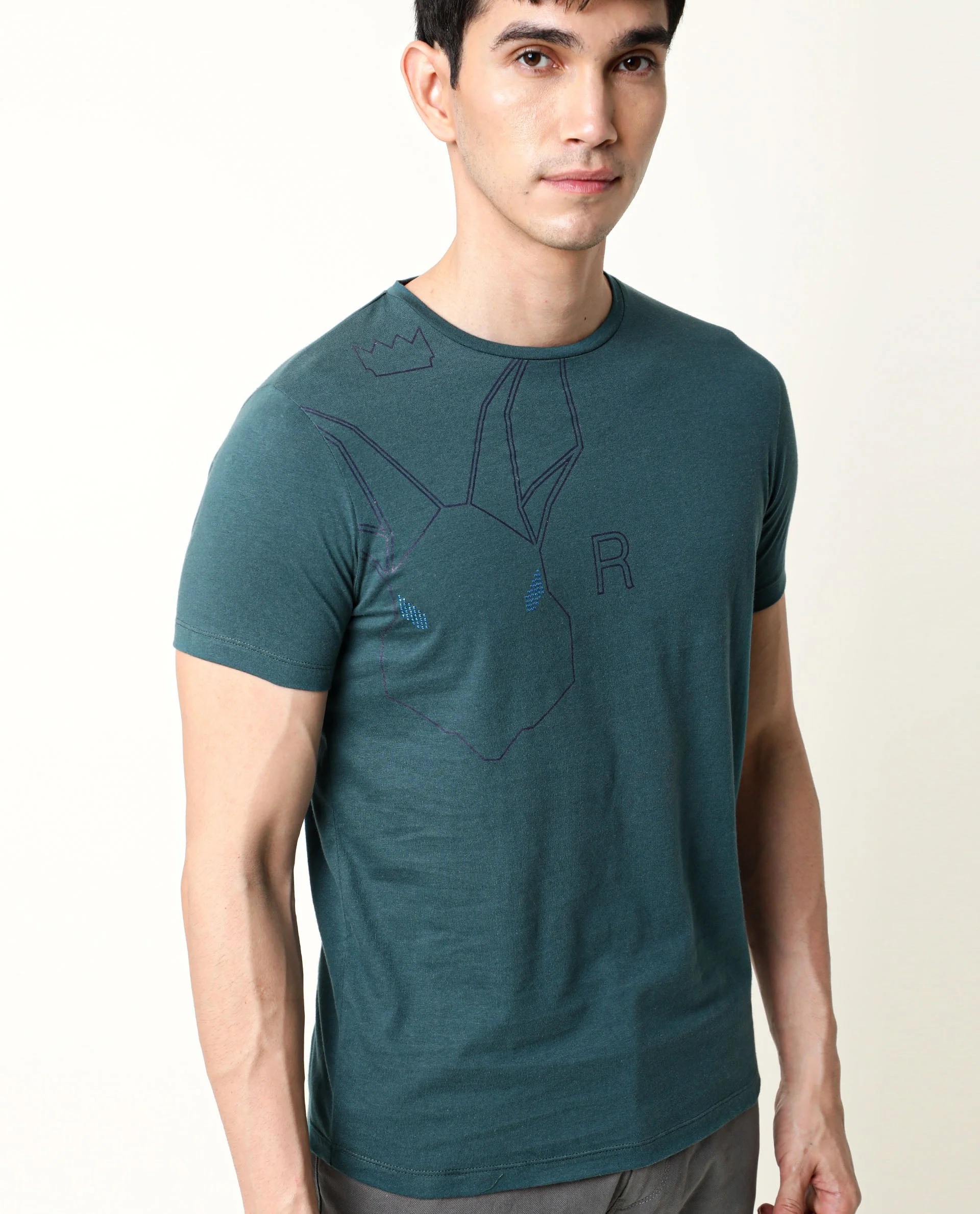 Rare Rabbit Men's Alure Petrol Cotton Graphic Print Slim Fit Half Sleeve Crew Neck T-Shirt - Image 10