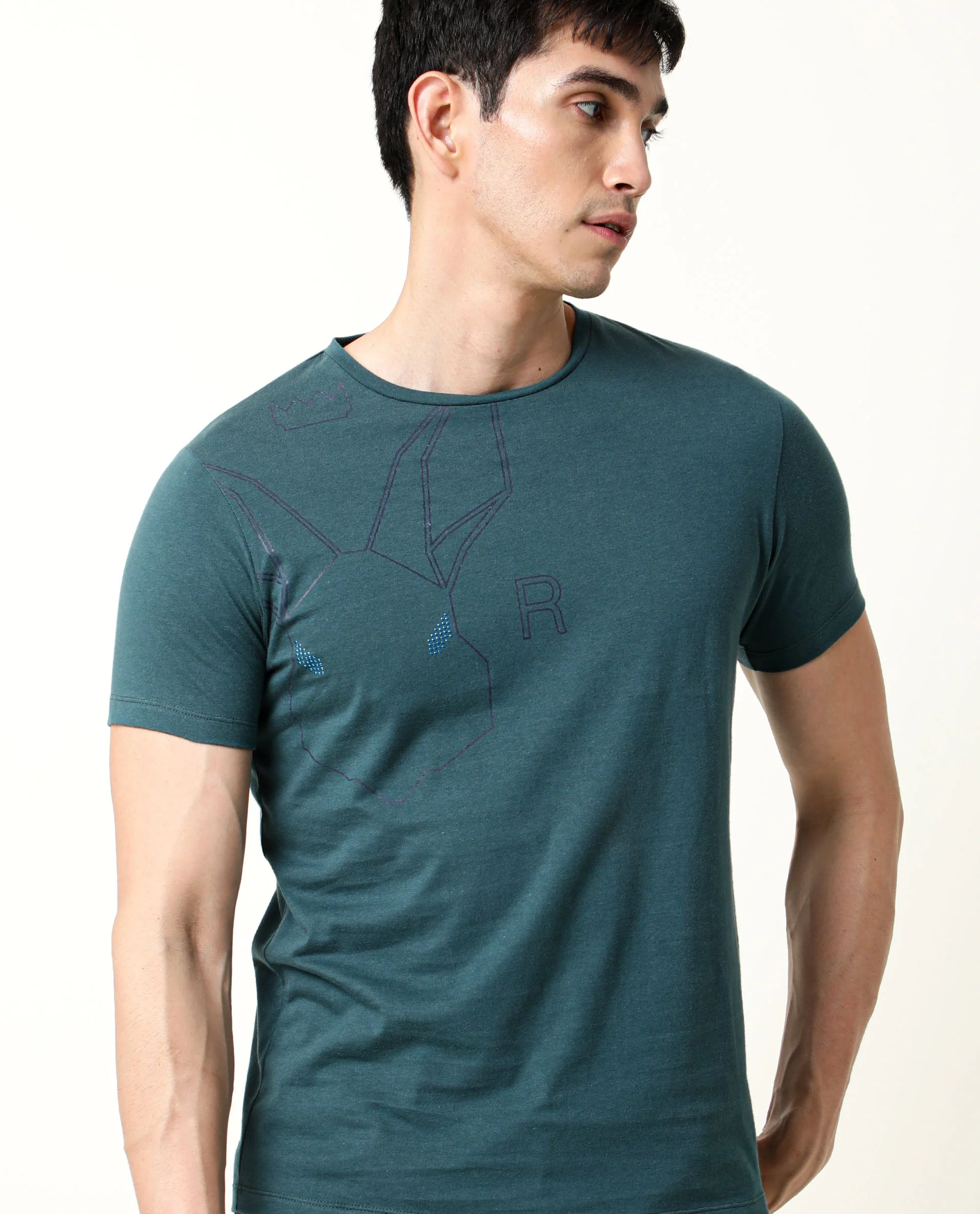 Rare Rabbit Men's Alure Petrol Cotton Graphic Print Slim Fit Half Sleeve Crew Neck T-Shirt - Image 11