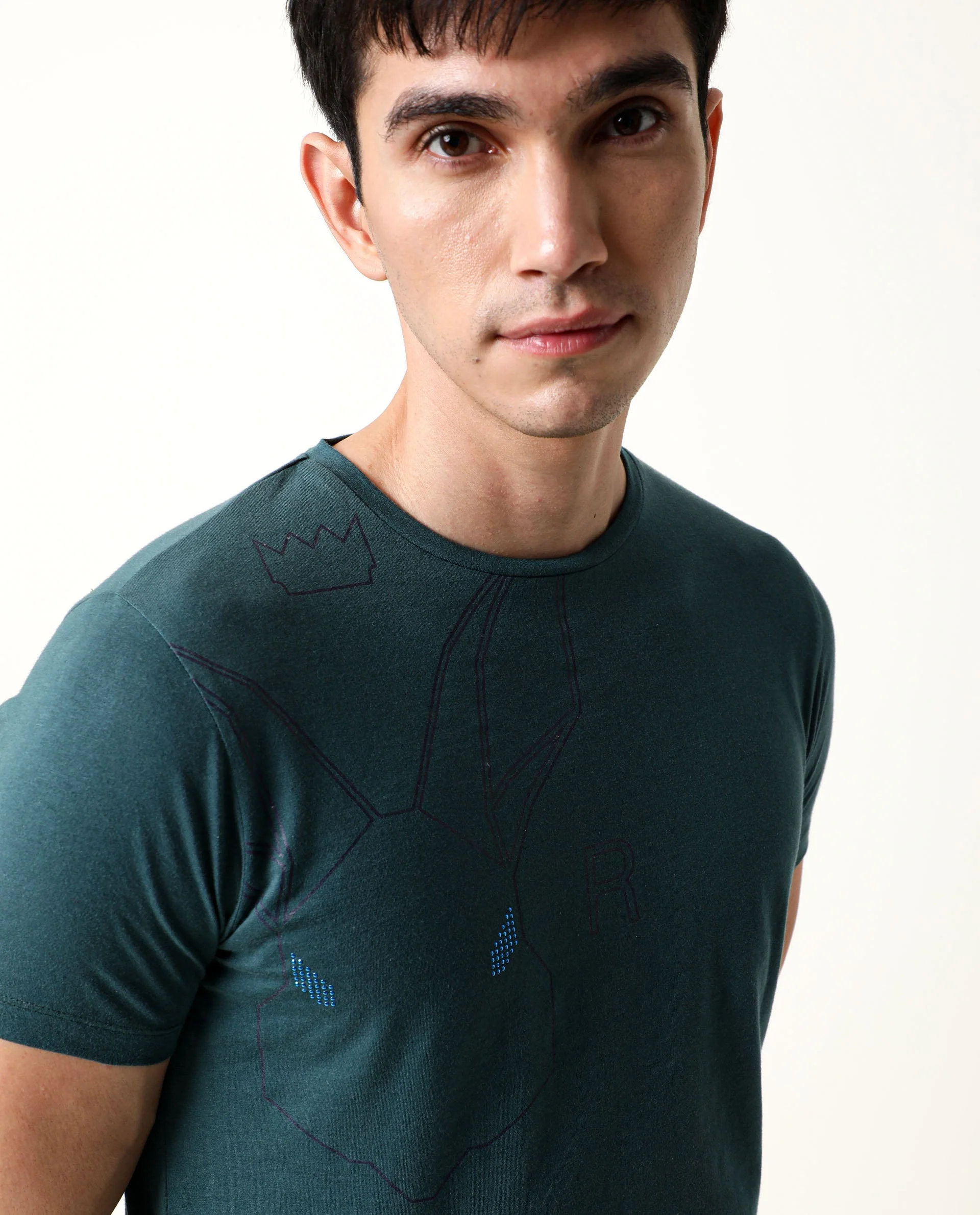 Rare Rabbit Men's Alure Petrol Cotton Graphic Print Slim Fit Half Sleeve Crew Neck T-Shirt - Image 2