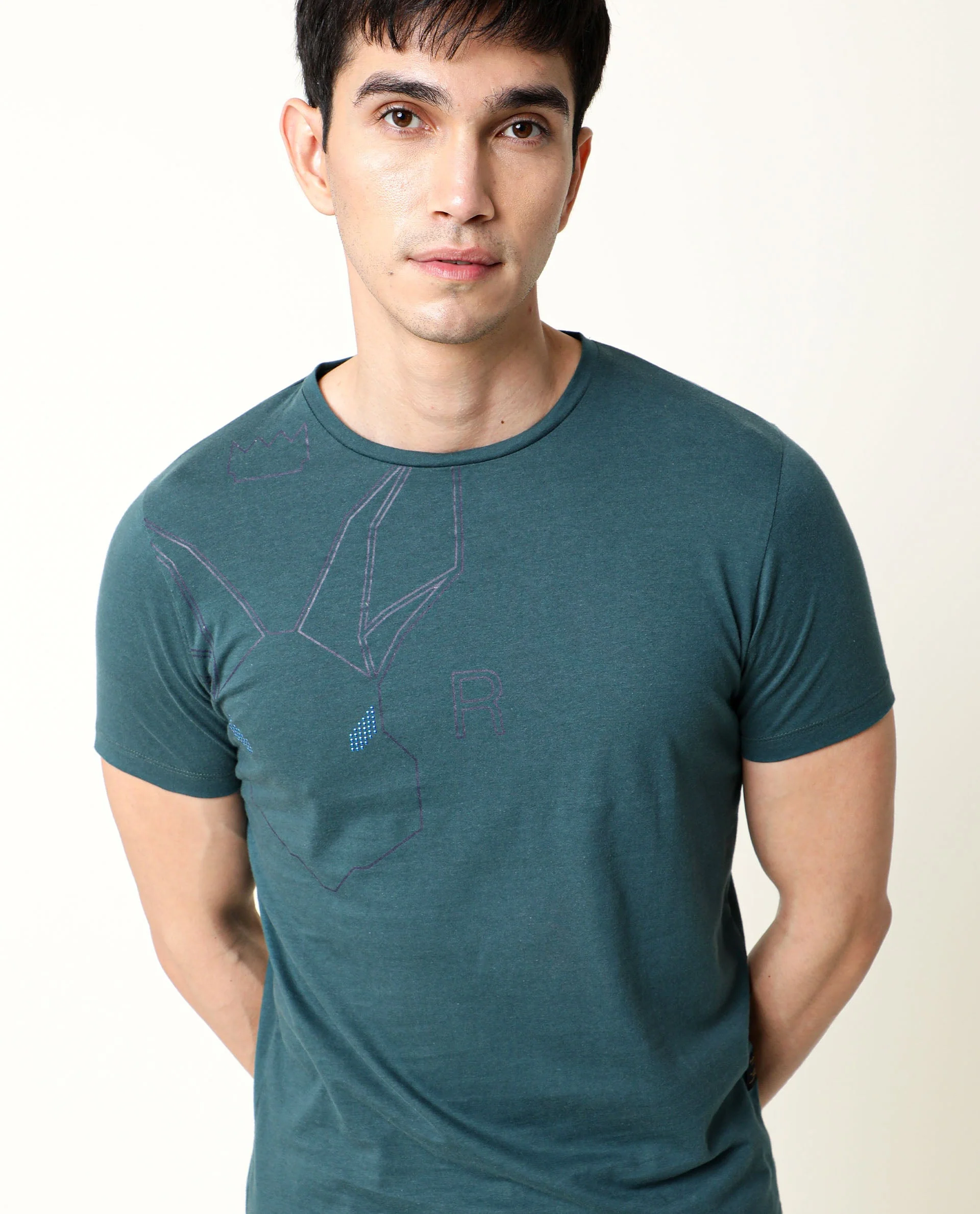 Rare Rabbit Men's Alure Petrol Cotton Graphic Print Slim Fit Half Sleeve Crew Neck T-Shirt - Image 3