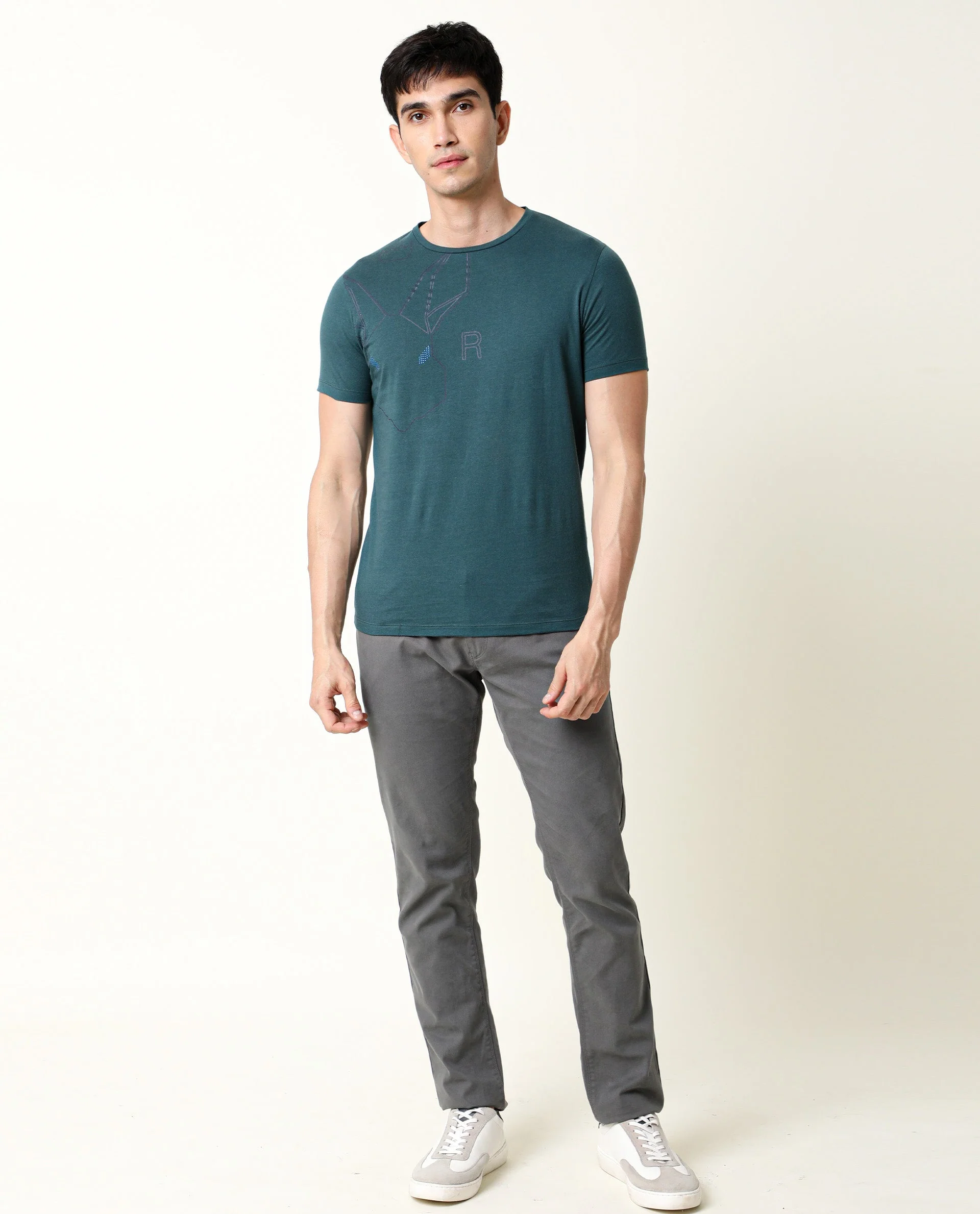 Rare Rabbit Men's Alure Petrol Cotton Graphic Print Slim Fit Half Sleeve Crew Neck T-Shirt - Image 9