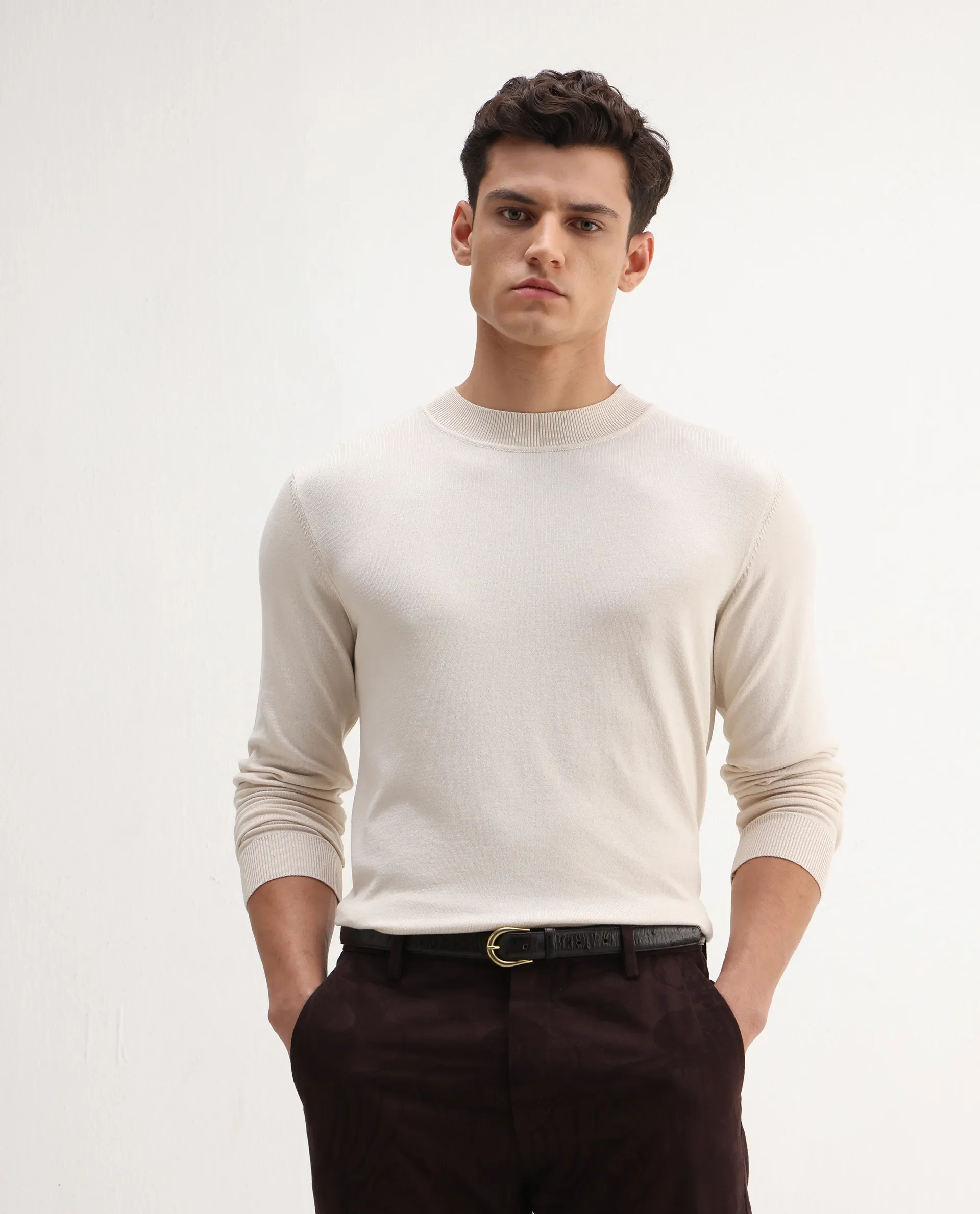 Rare Rabbit Men's Alva Off White Viscose Plain Regular Fit Full Sleeve High Neck Sweater