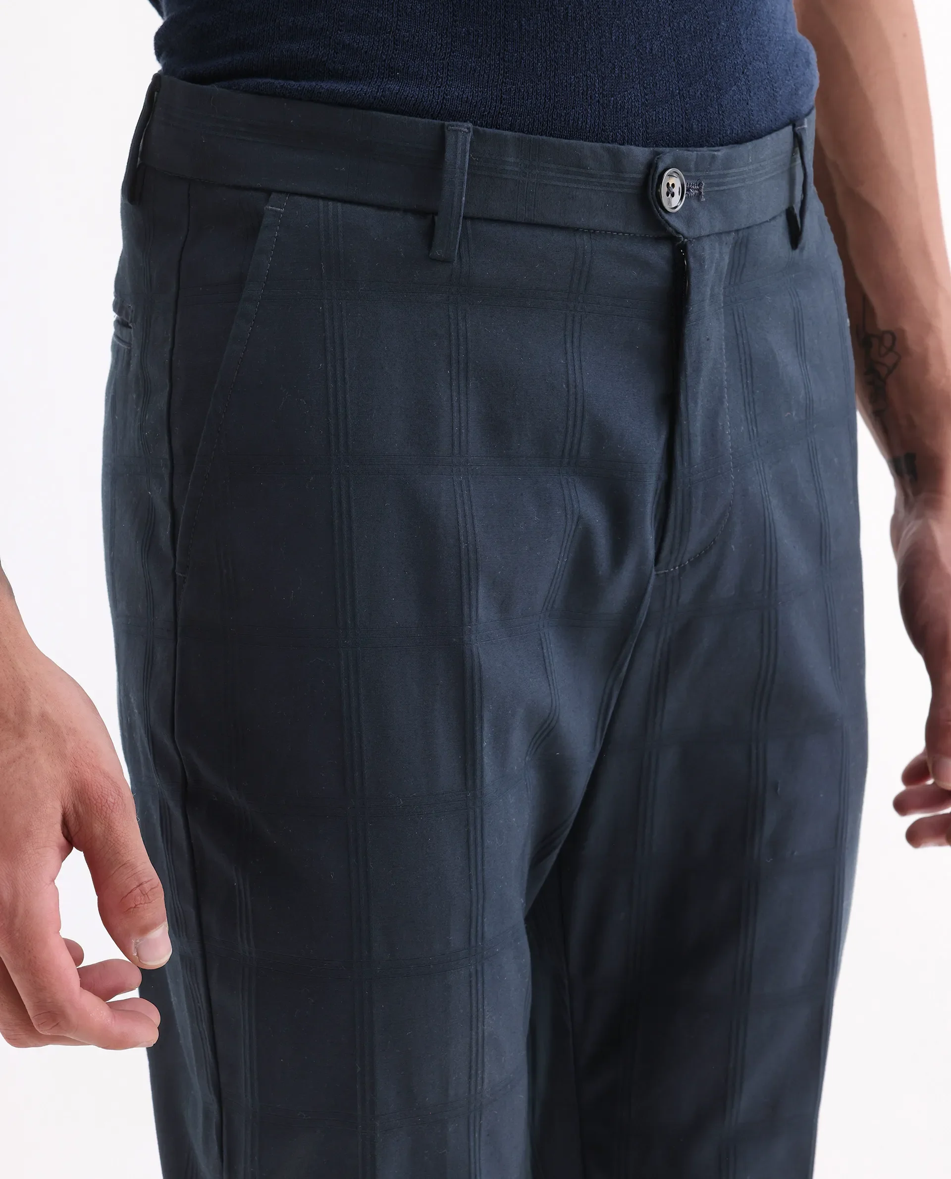 Rare Rabbit Men's Alva Navy Cotton Checked Print Regular Fit Trouser - Image 3