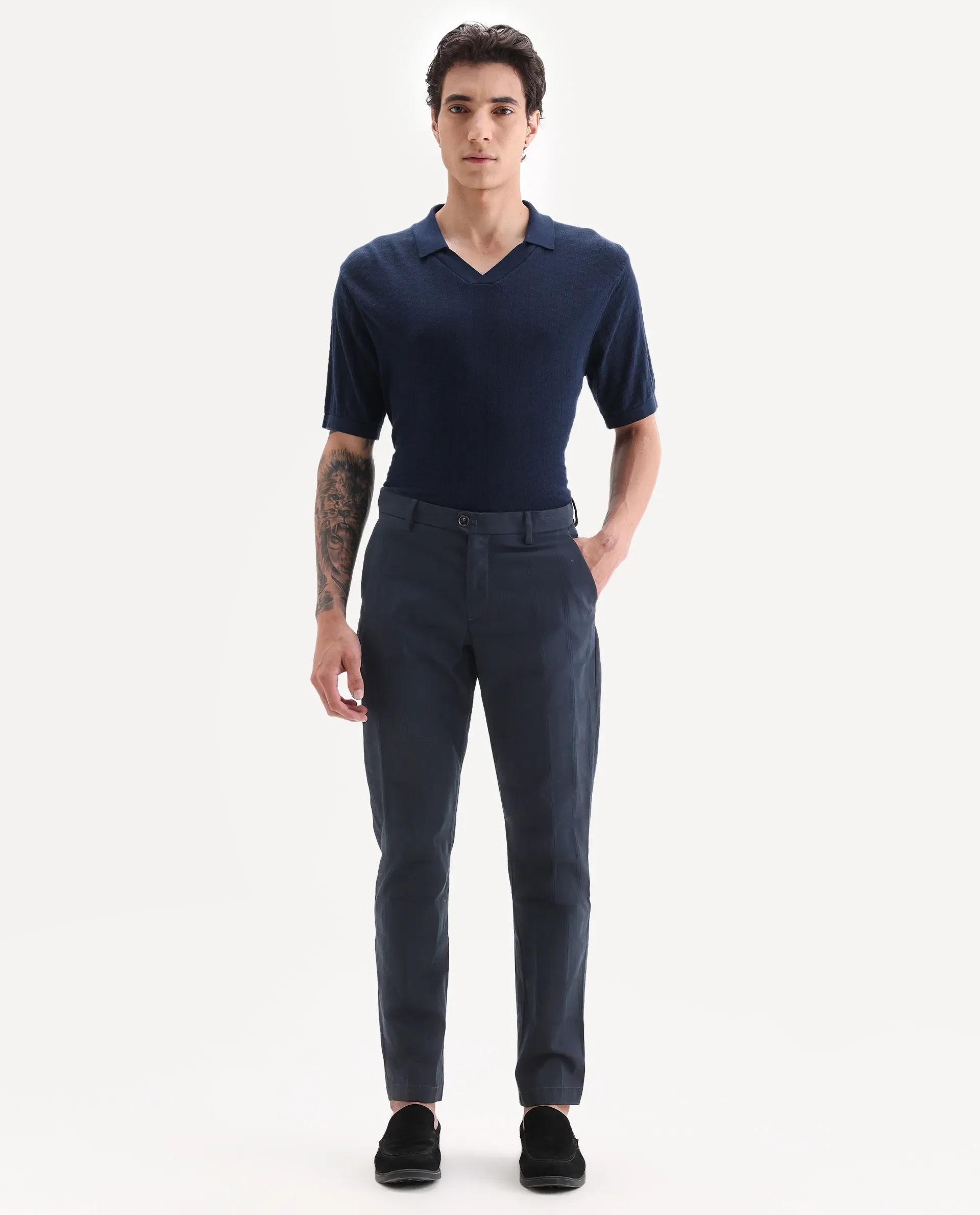 Rare Rabbit Men's Alva Navy Cotton Checked Print Regular Fit Trouser - Image 4