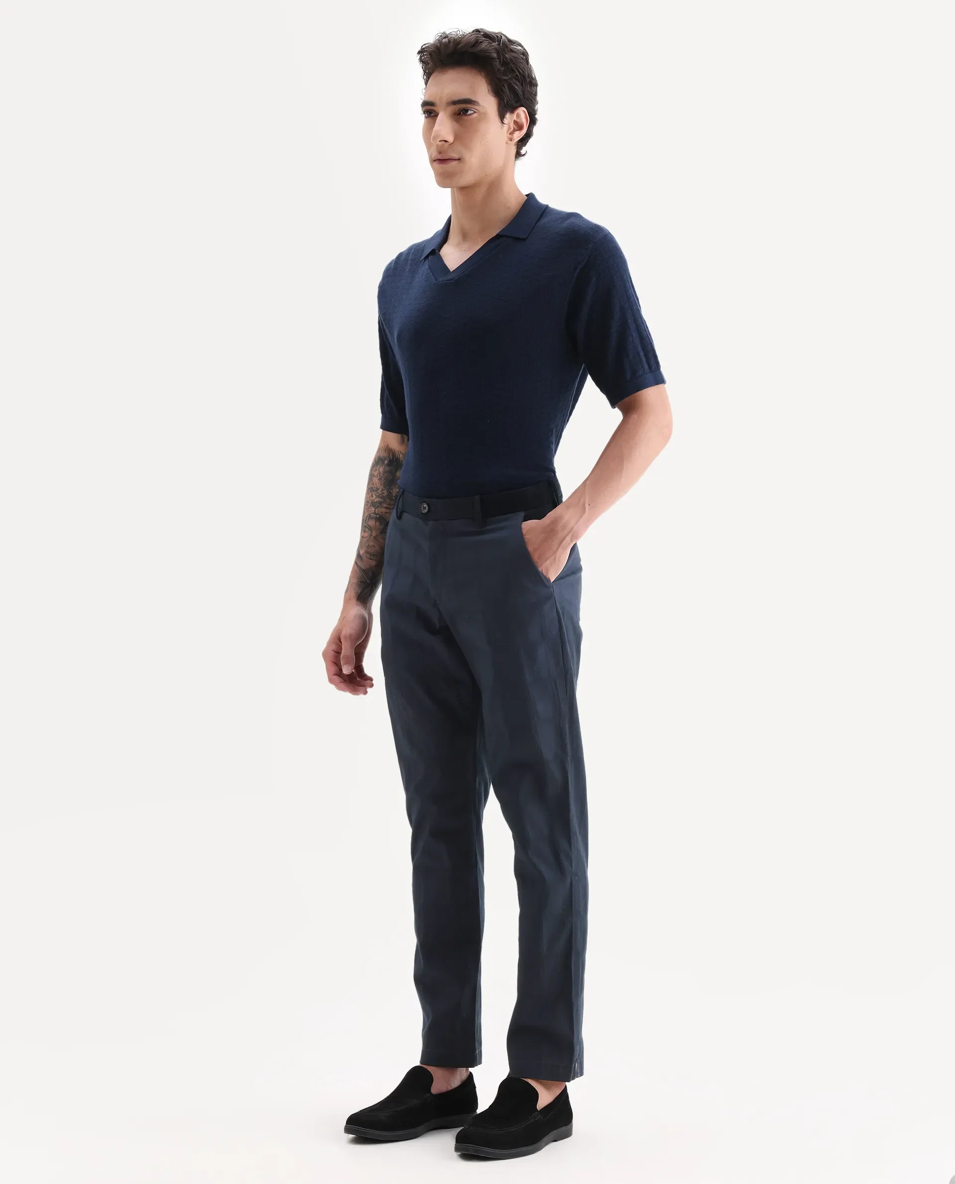 Rare Rabbit Men's Alva Navy Cotton Checked Print Regular Fit Trouser - Image 5