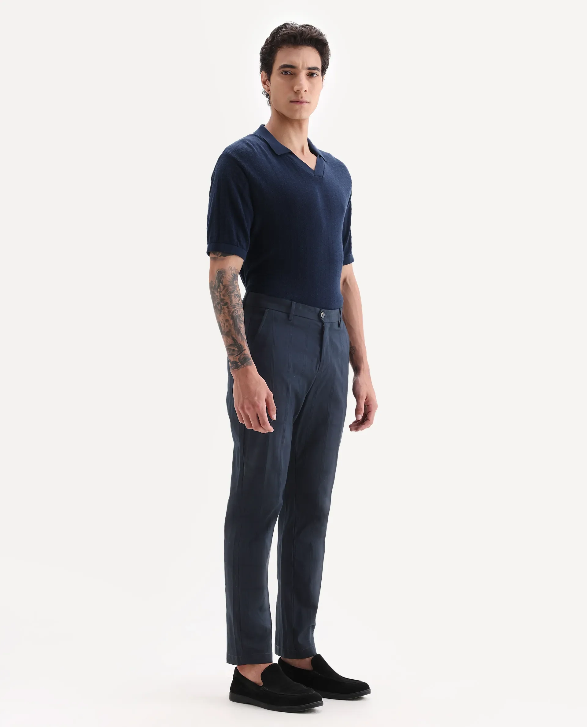 Rare Rabbit Men's Alva Navy Cotton Checked Print Regular Fit Trouser - Image 6