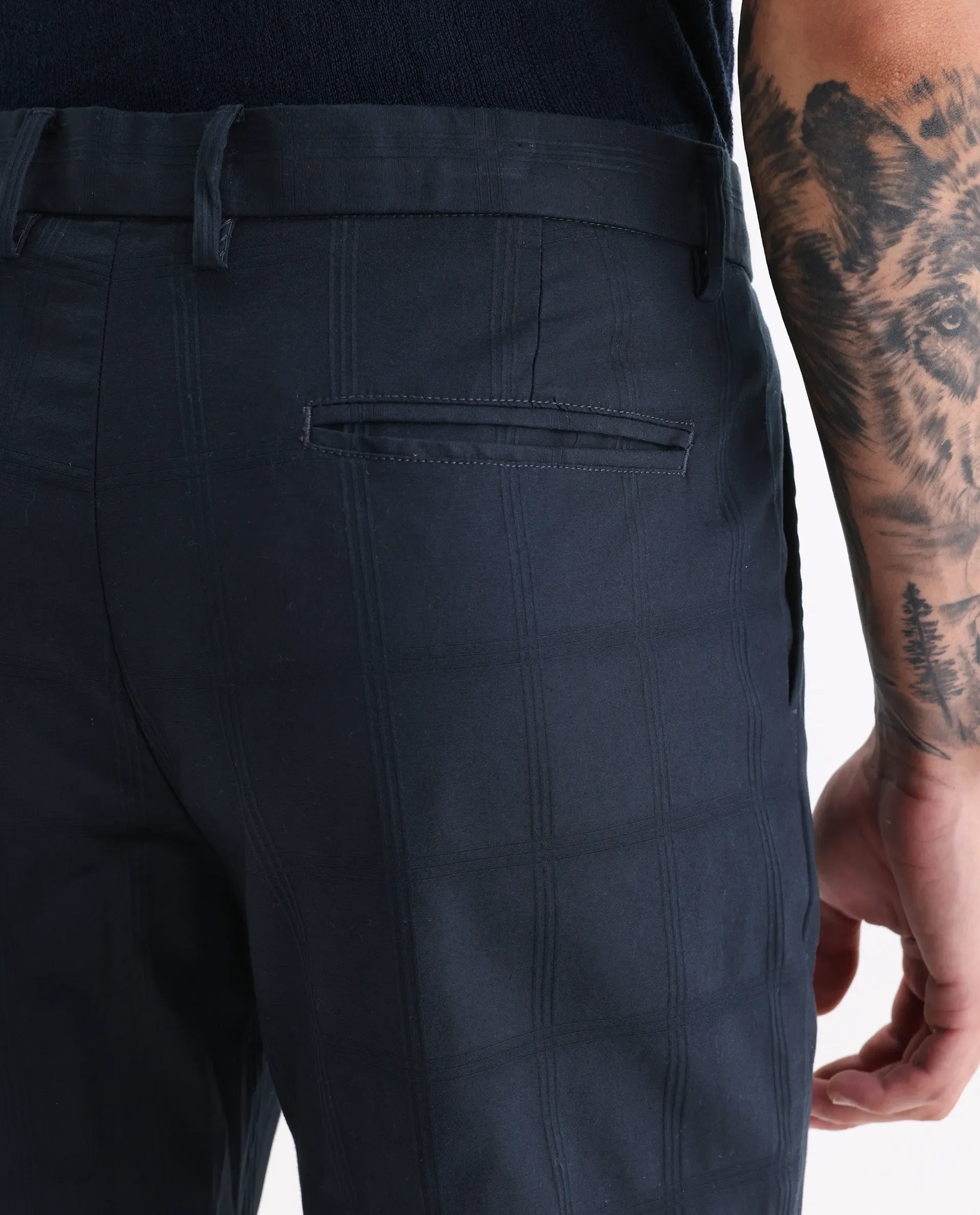Rare Rabbit Men's Alva Navy Cotton Checked Print Regular Fit Trouser - Image 7