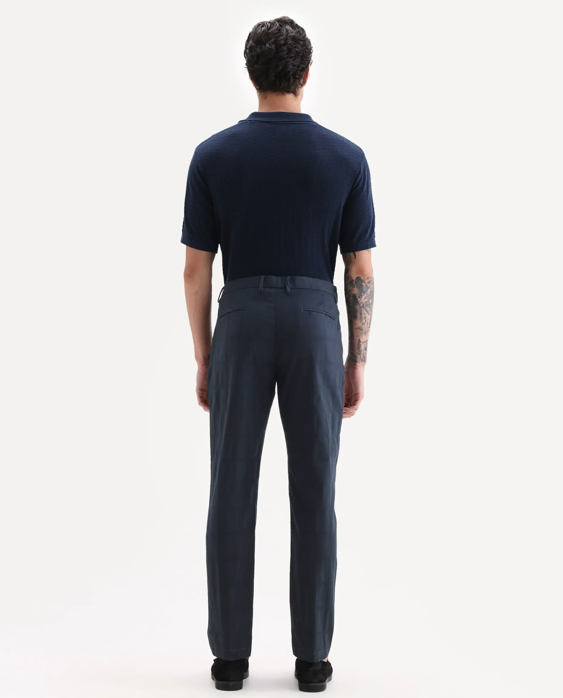 Rare Rabbit Men's Alva Navy Cotton Checked Print Regular Fit Trouser - Image 8