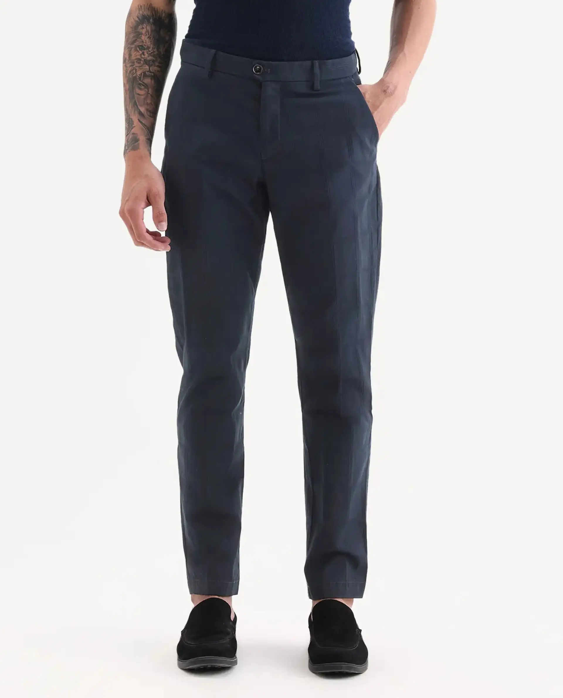 Rare Rabbit Men's Alva Navy Cotton Checked Print Regular Fit Trouser - Image 9