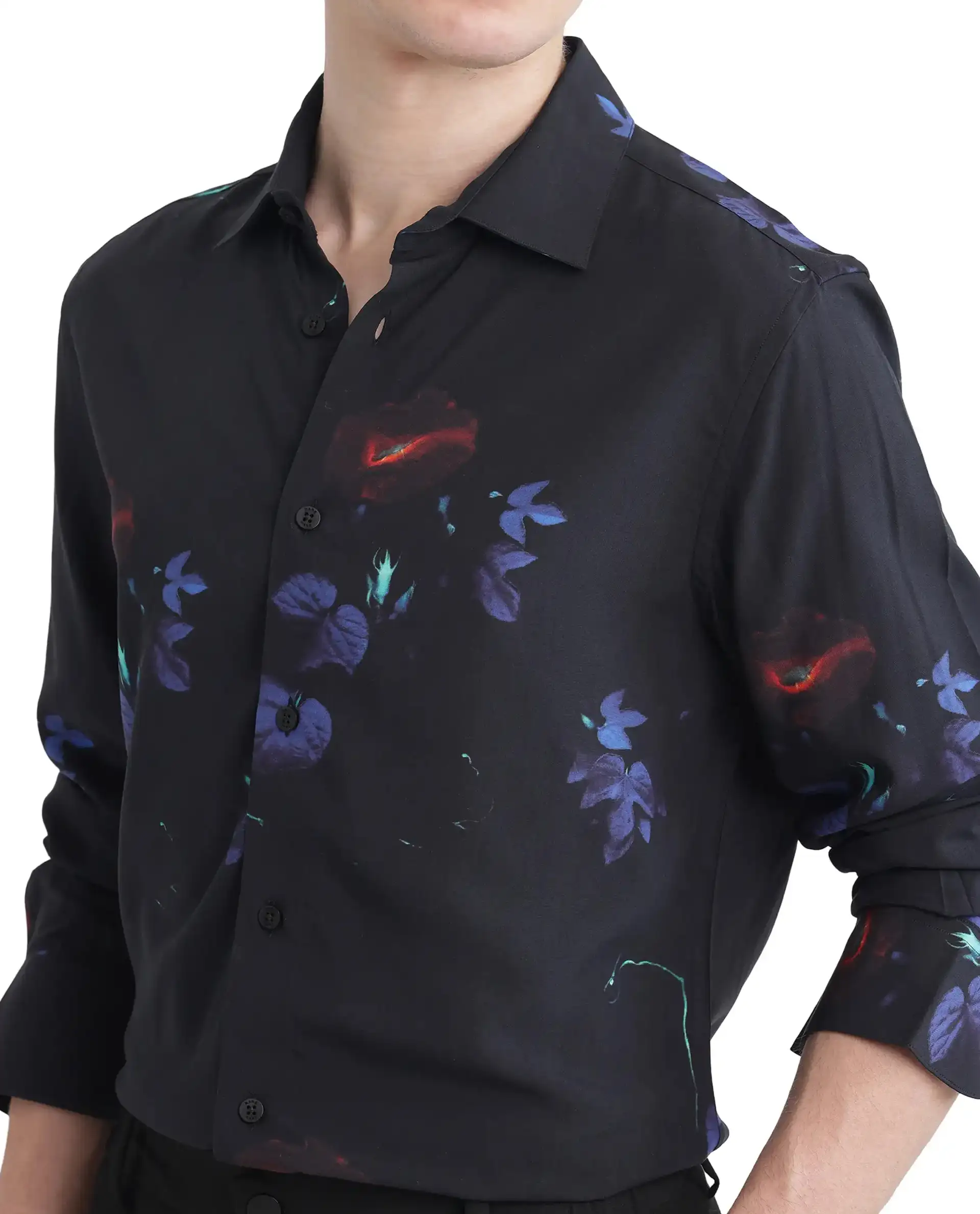 Rare Rabbit Men's Alvata Black Viscose Floral Print Regular Fit Full Sleeve Collared Shirt - Image 3