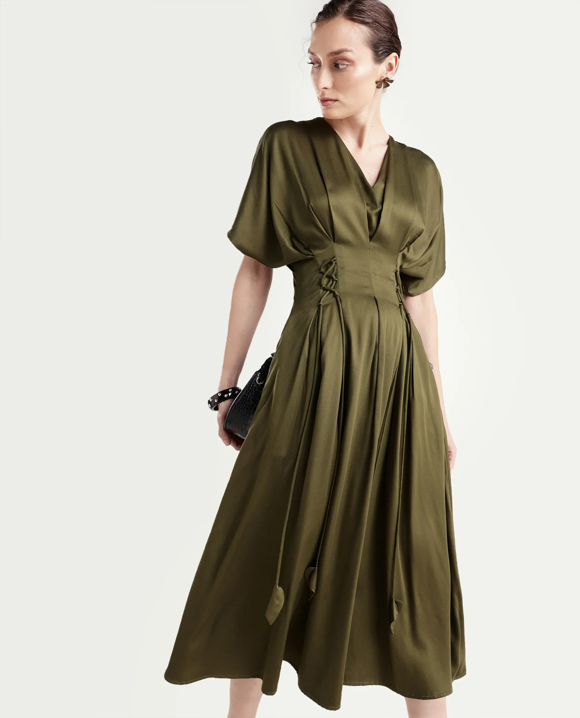 Rareism Women's Alves Olive Viscose Half Sleeve Fit And Flare Plain Dress - Image 2