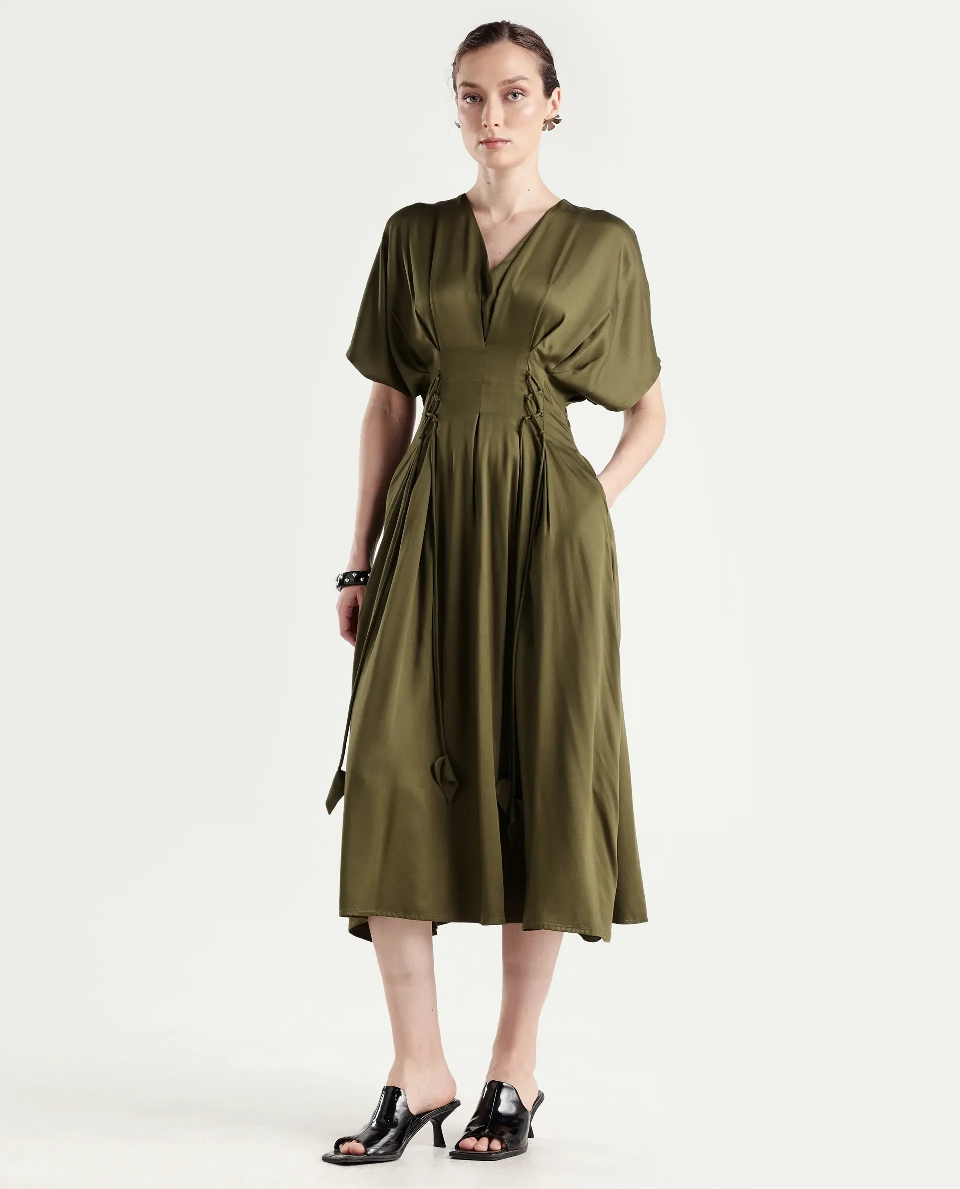 Rareism Women's Alves Olive Viscose Half Sleeve Fit And Flare Plain Dress - Image 3