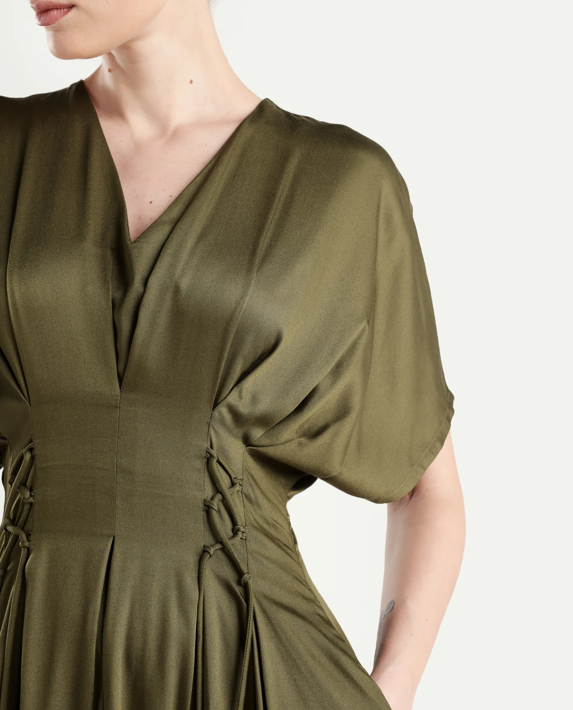 Rareism Women's Alves Olive Viscose Half Sleeve Fit And Flare Plain Dress - Image 4