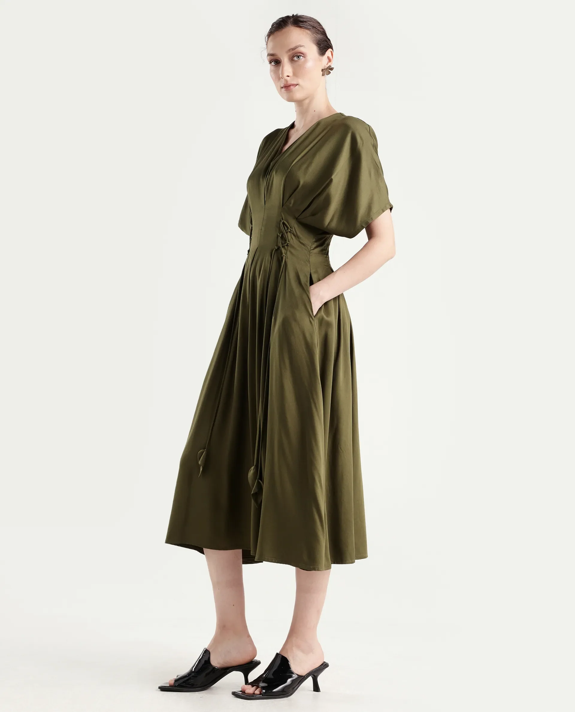 Rareism Women's Alves Olive Viscose Half Sleeve Fit And Flare Plain Dress - Image 5