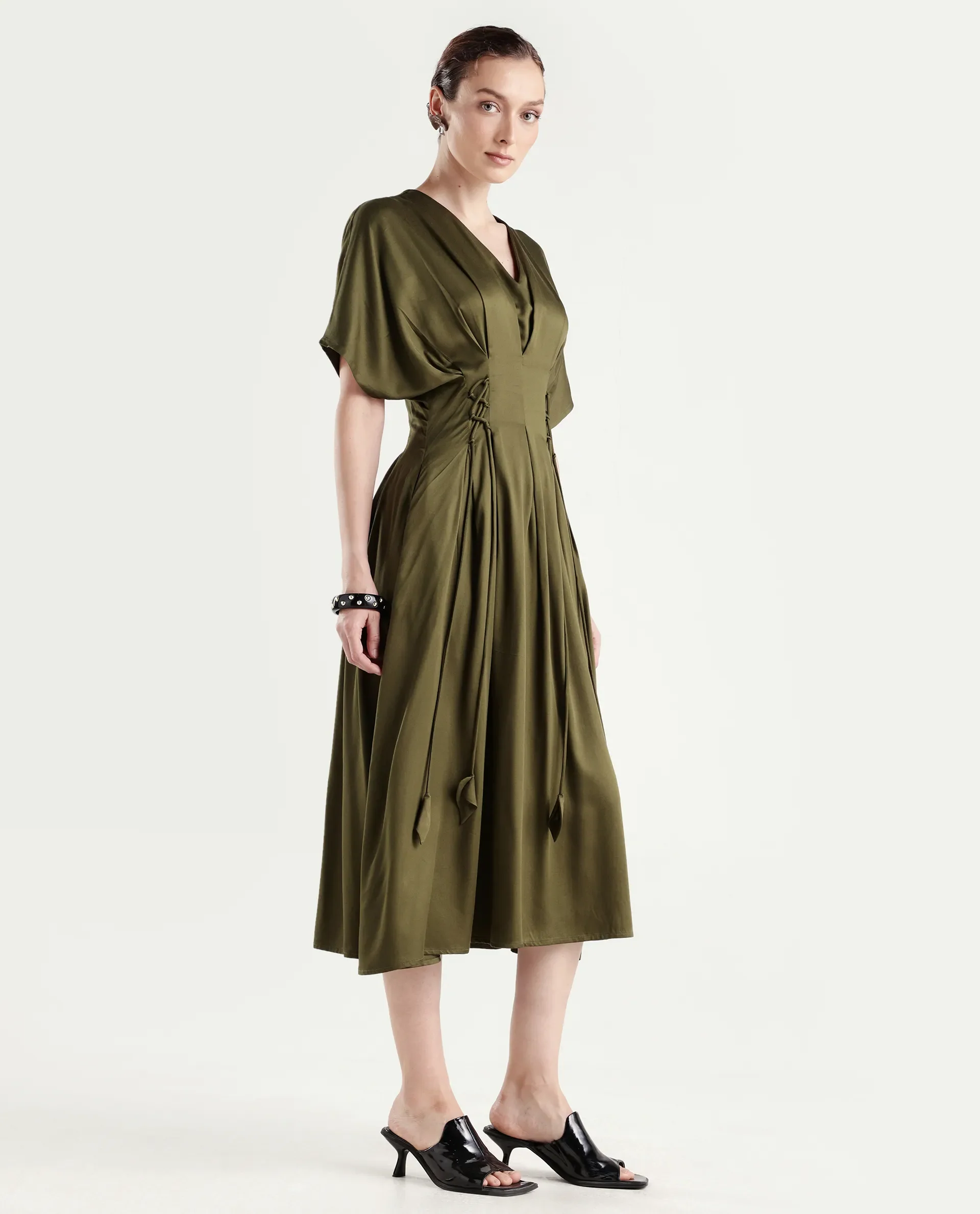 Rareism Women's Alves Olive Viscose Half Sleeve Fit And Flare Plain Dress - Image 6