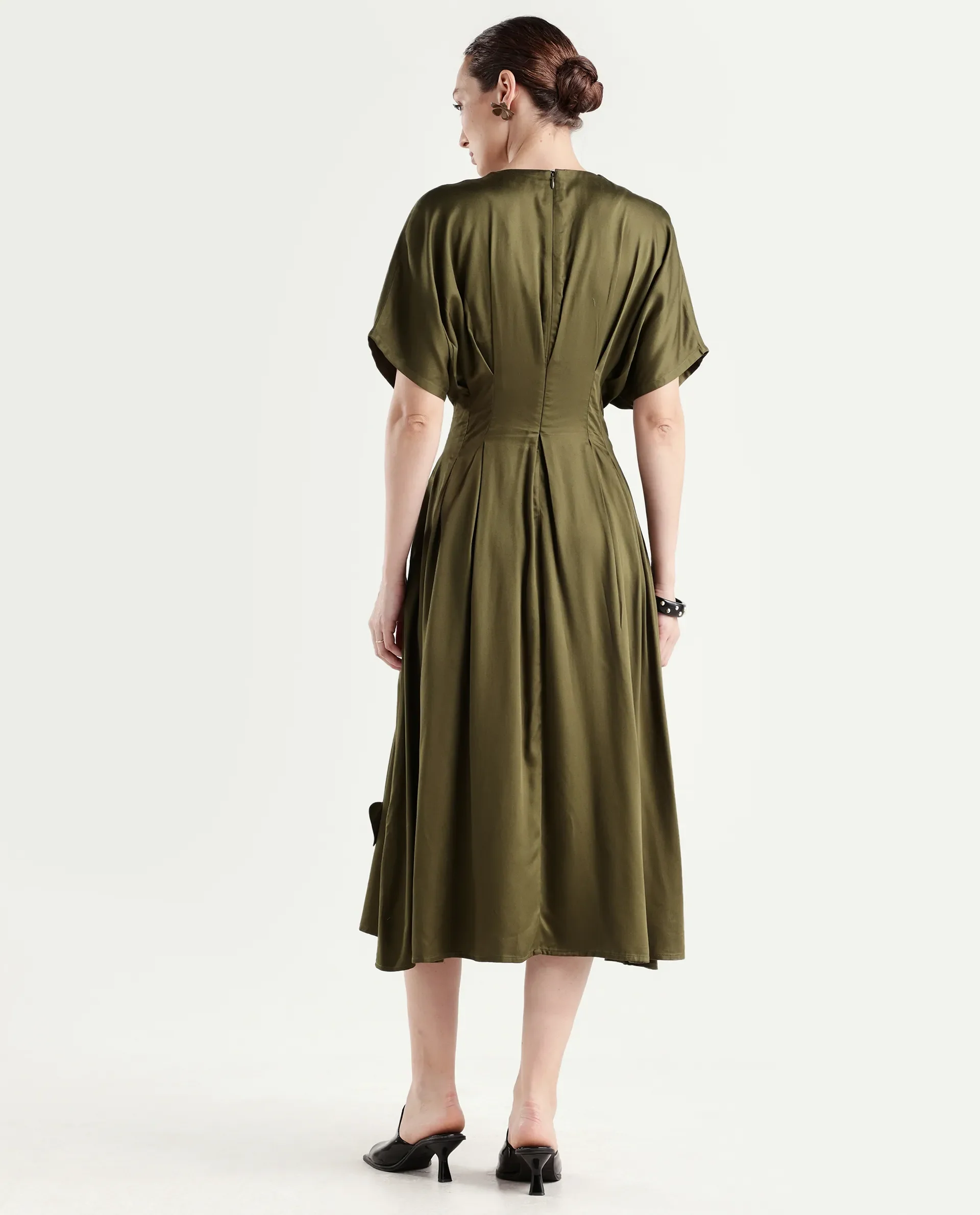 Rareism Women's Alves Olive Viscose Half Sleeve Fit And Flare Plain Dress - Image 7