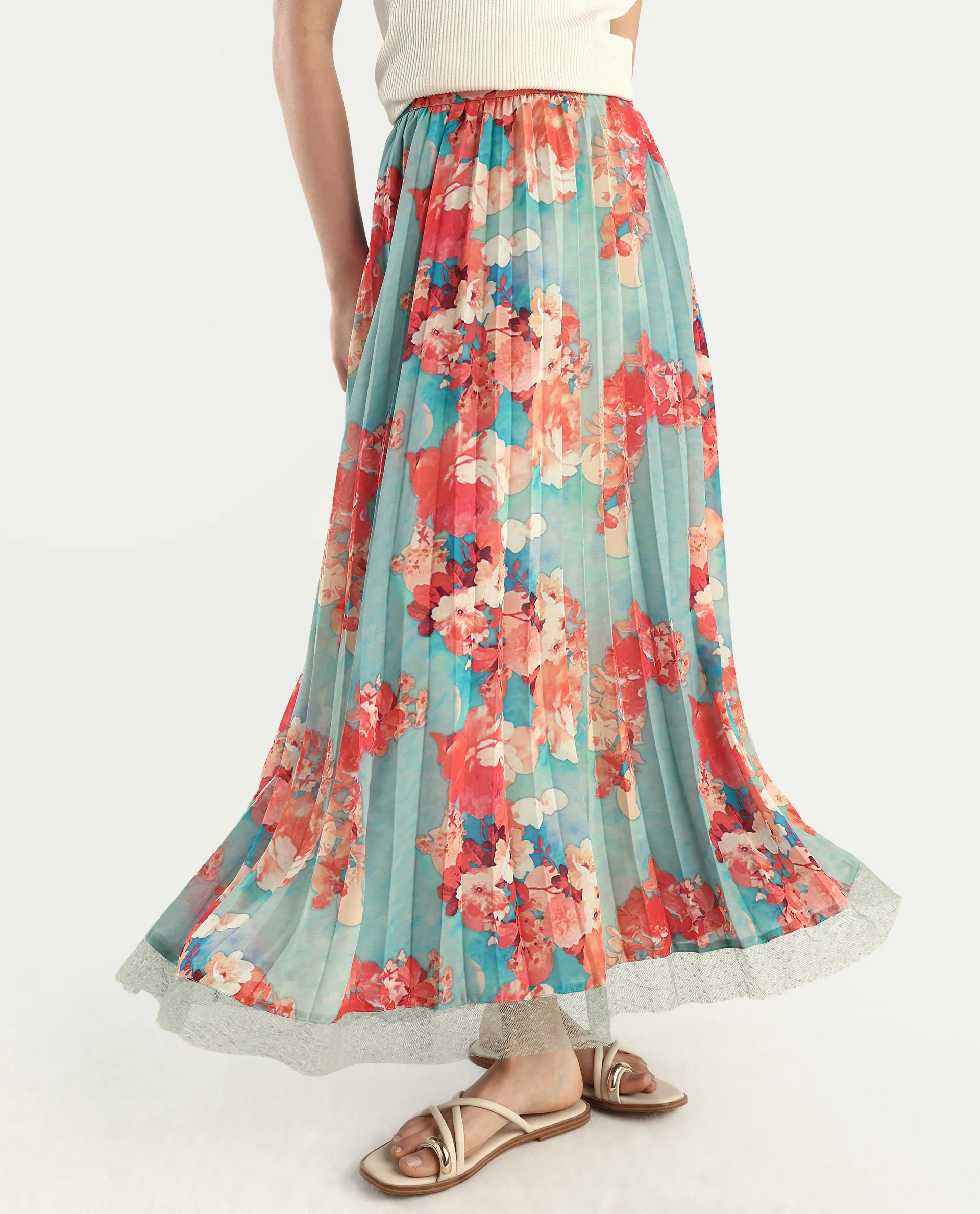 Rareism Women's Alvia Multi Polyester Floral Print Ankle Length Flared Skirt - Image 2