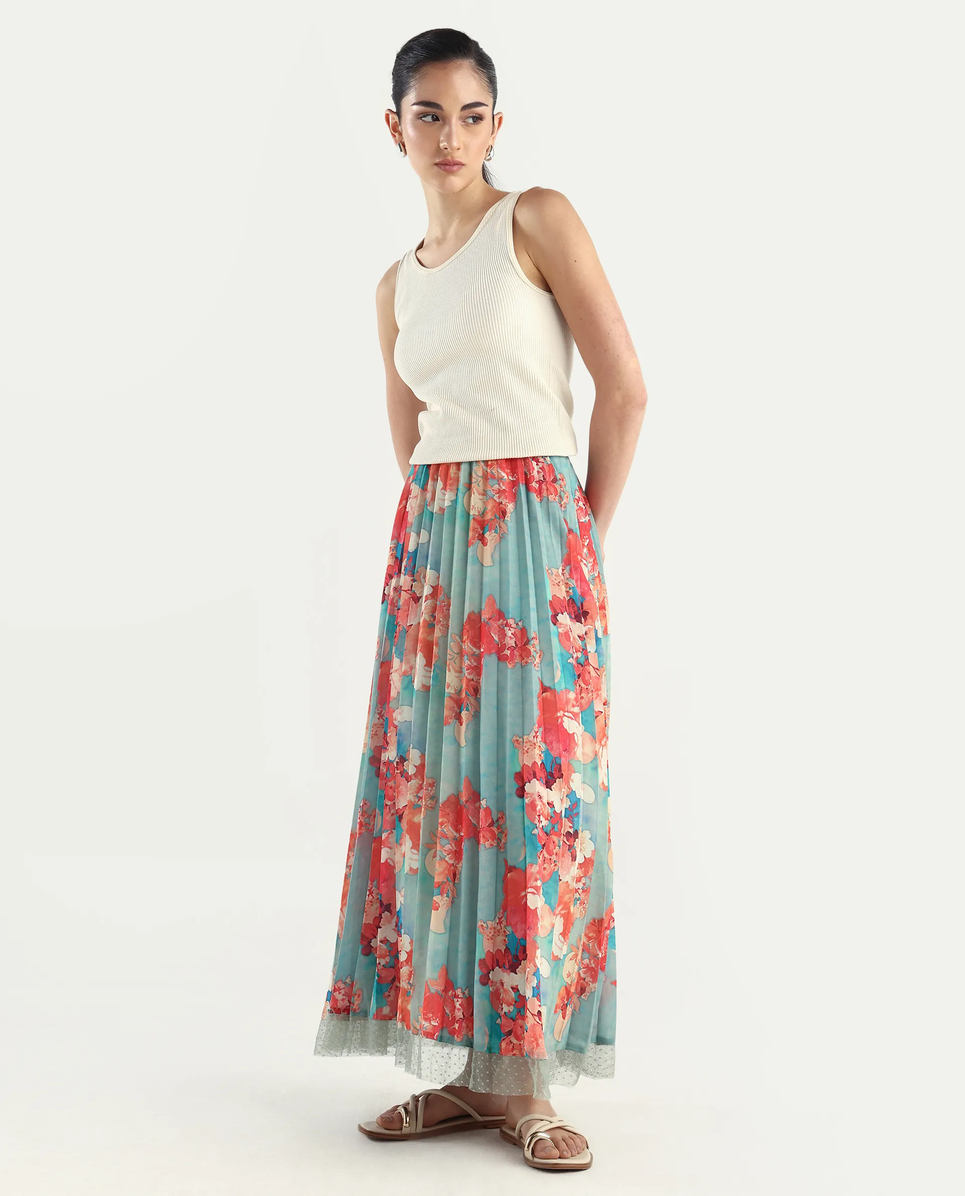 Rareism Women's Alvia Multi Polyester Floral Print Ankle Length Flared Skirt - Image 7