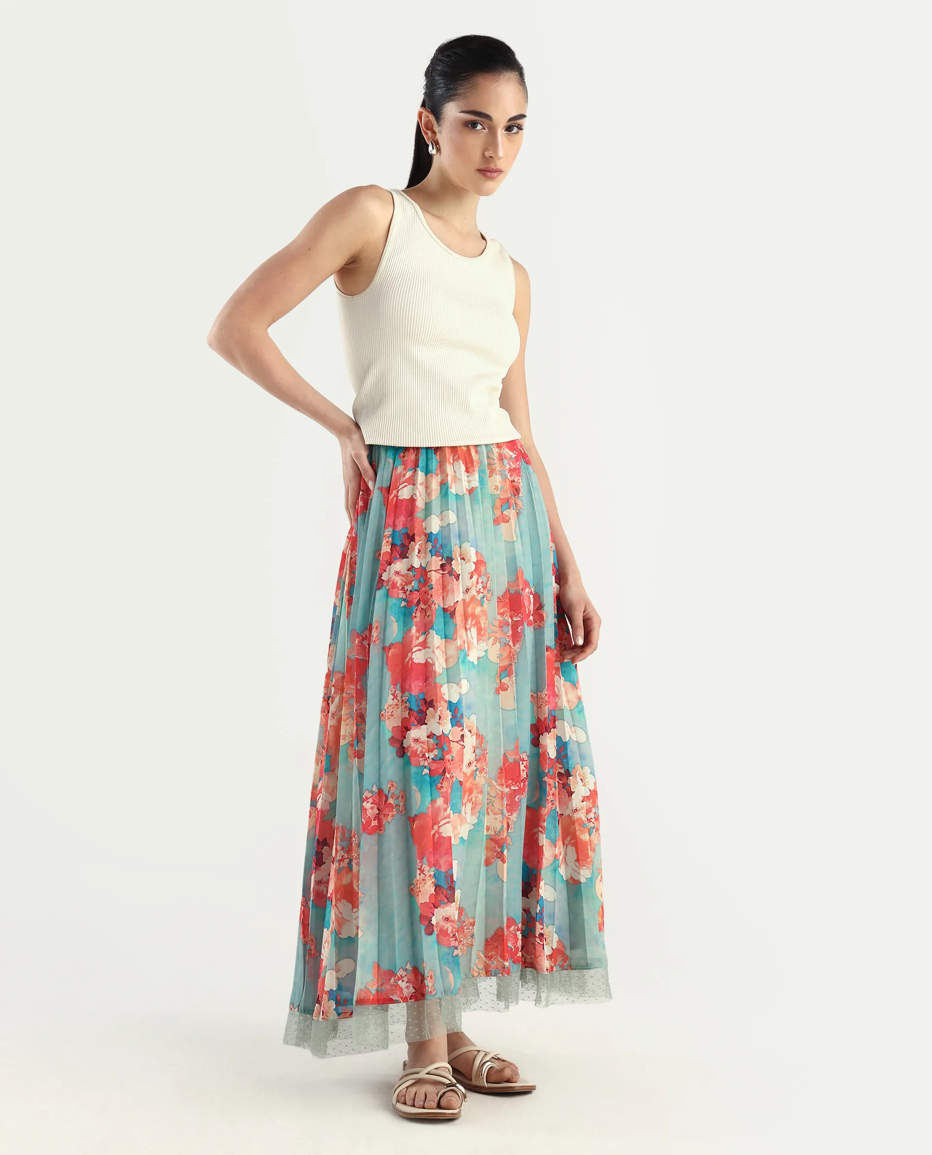 Rareism Women's Alvia Multi Polyester Floral Print Ankle Length Flared Skirt - Image 8