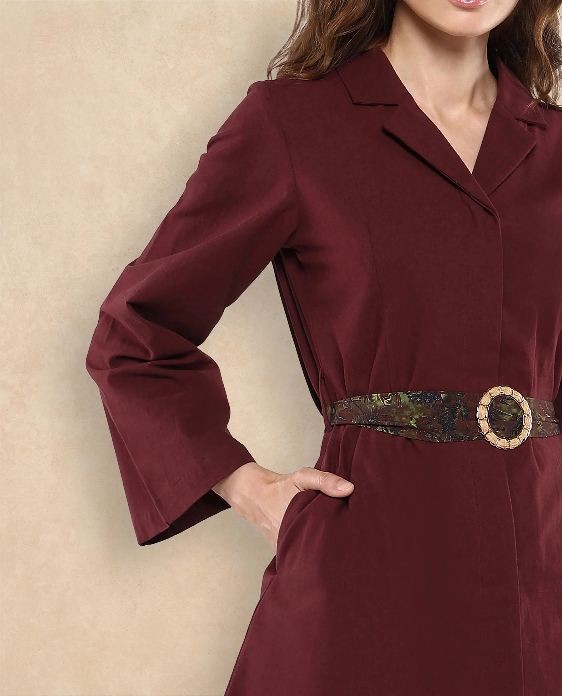 Rareism Women's Alvida Brown Cotton Lapel Neck Plain Mini A-Line Dress - Image 2
