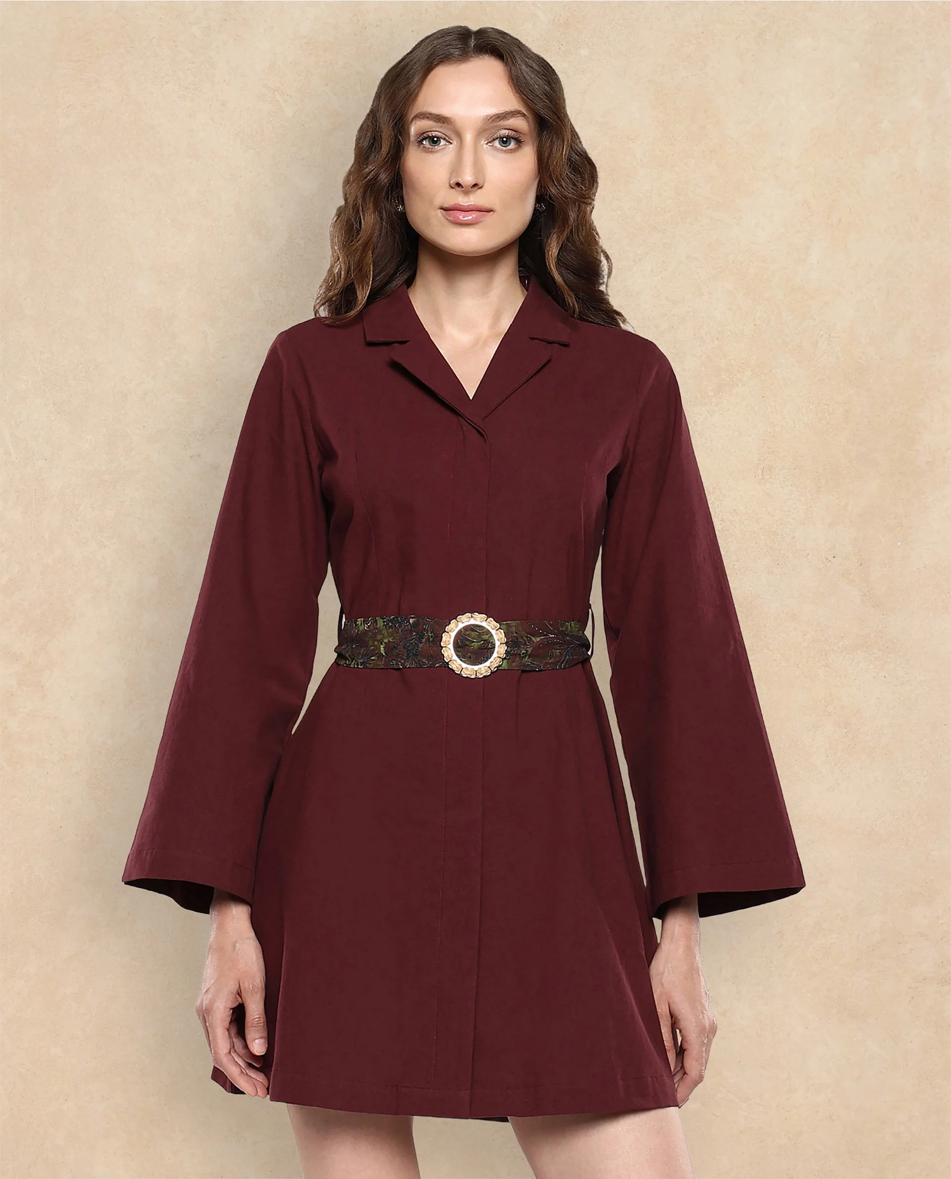 Rareism Women's Alvida Brown Cotton Lapel Neck Plain Mini A-Line Dress - Image 3