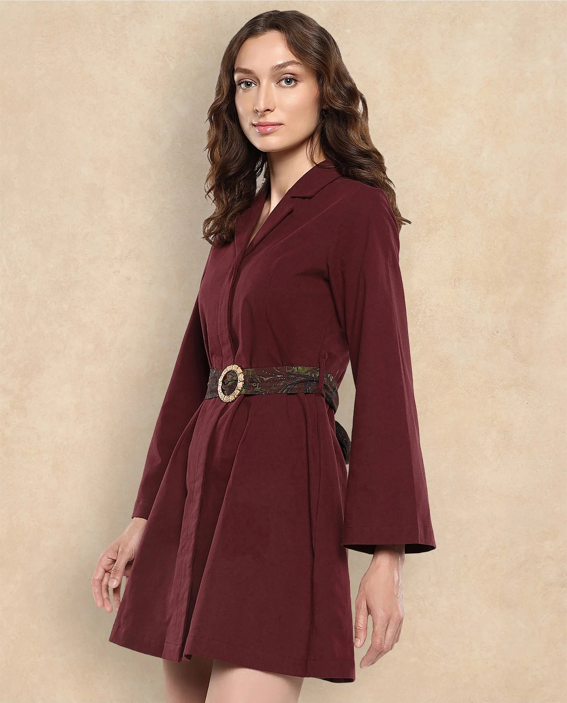Rareism Women's Alvida Brown Cotton Lapel Neck Plain Mini A-Line Dress - Image 5