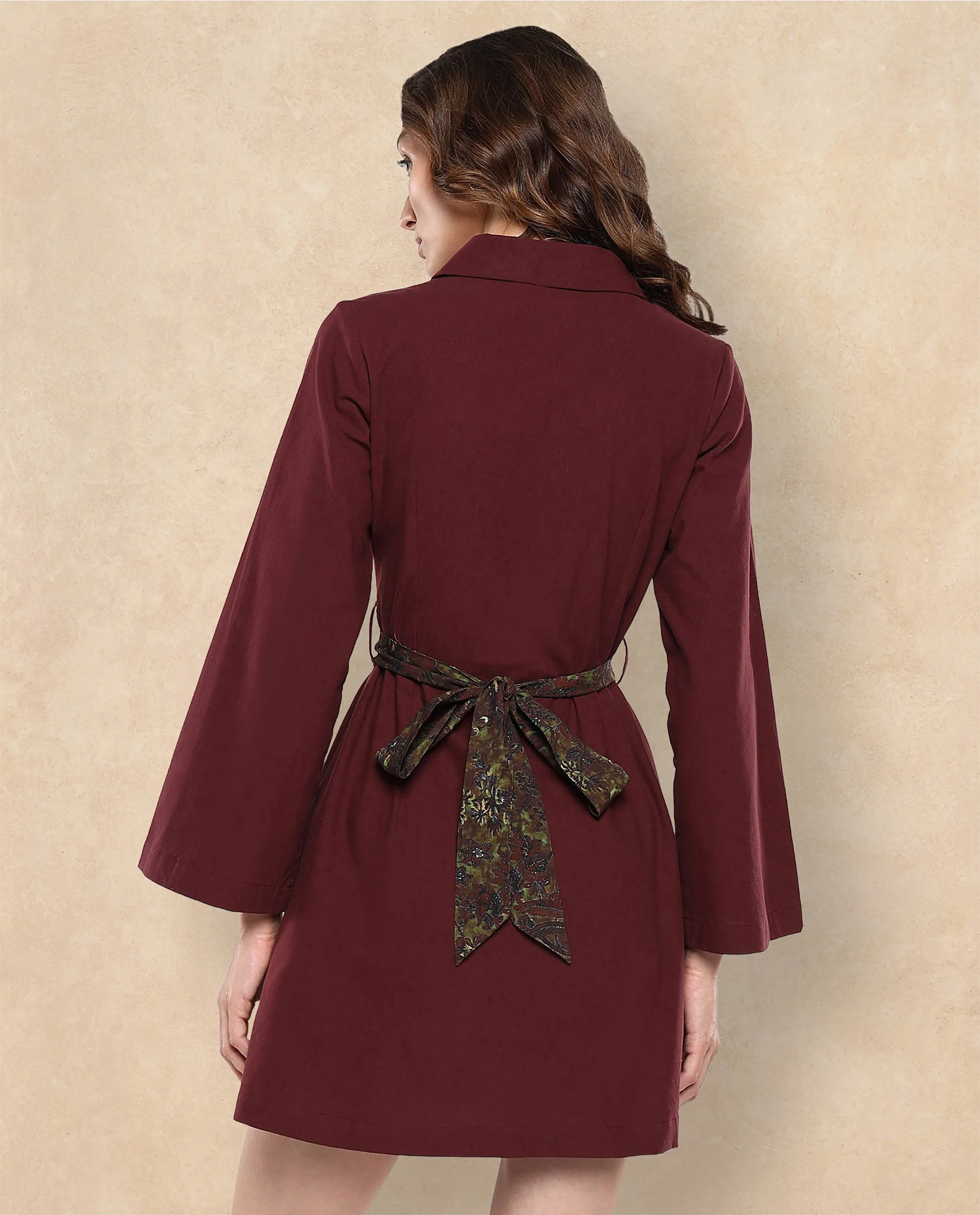 Rareism Women's Alvida Brown Cotton Lapel Neck Plain Mini A-Line Dress - Image 6