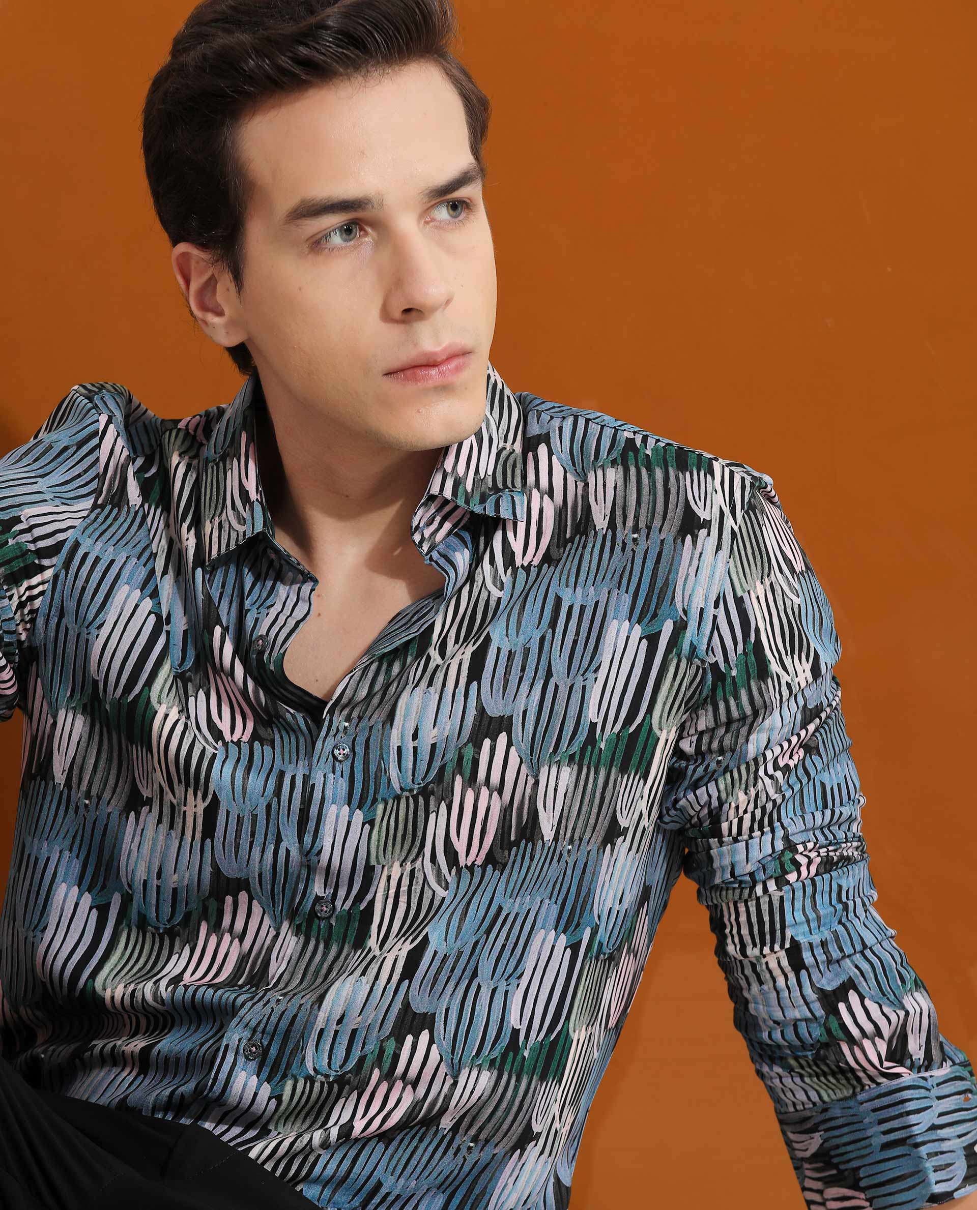 Rare Rabbit Men's Alvin Black Viscose Abstract Print Regular Fit Full Sleeve Collared Shirt - Image 2