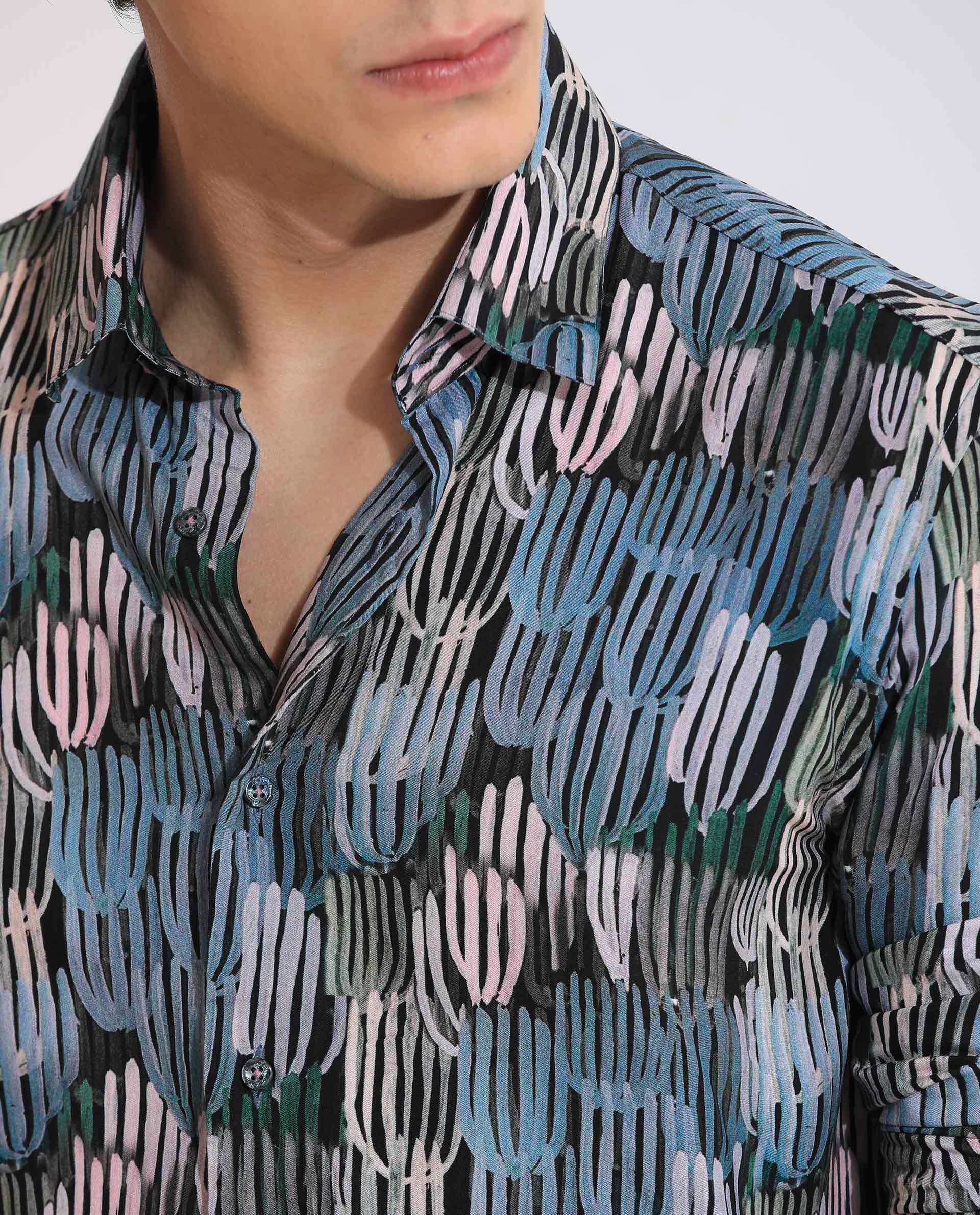 Rare Rabbit Men's Alvin Black Viscose Abstract Print Regular Fit Full Sleeve Collared Shirt - Image 4