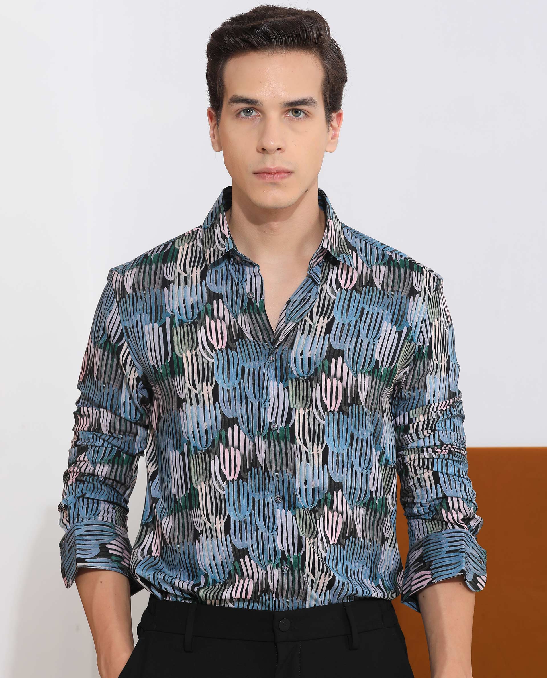 Rare Rabbit Men's Alvin Black Viscose Abstract Print Regular Fit Full Sleeve Collared Shirt - Image 7