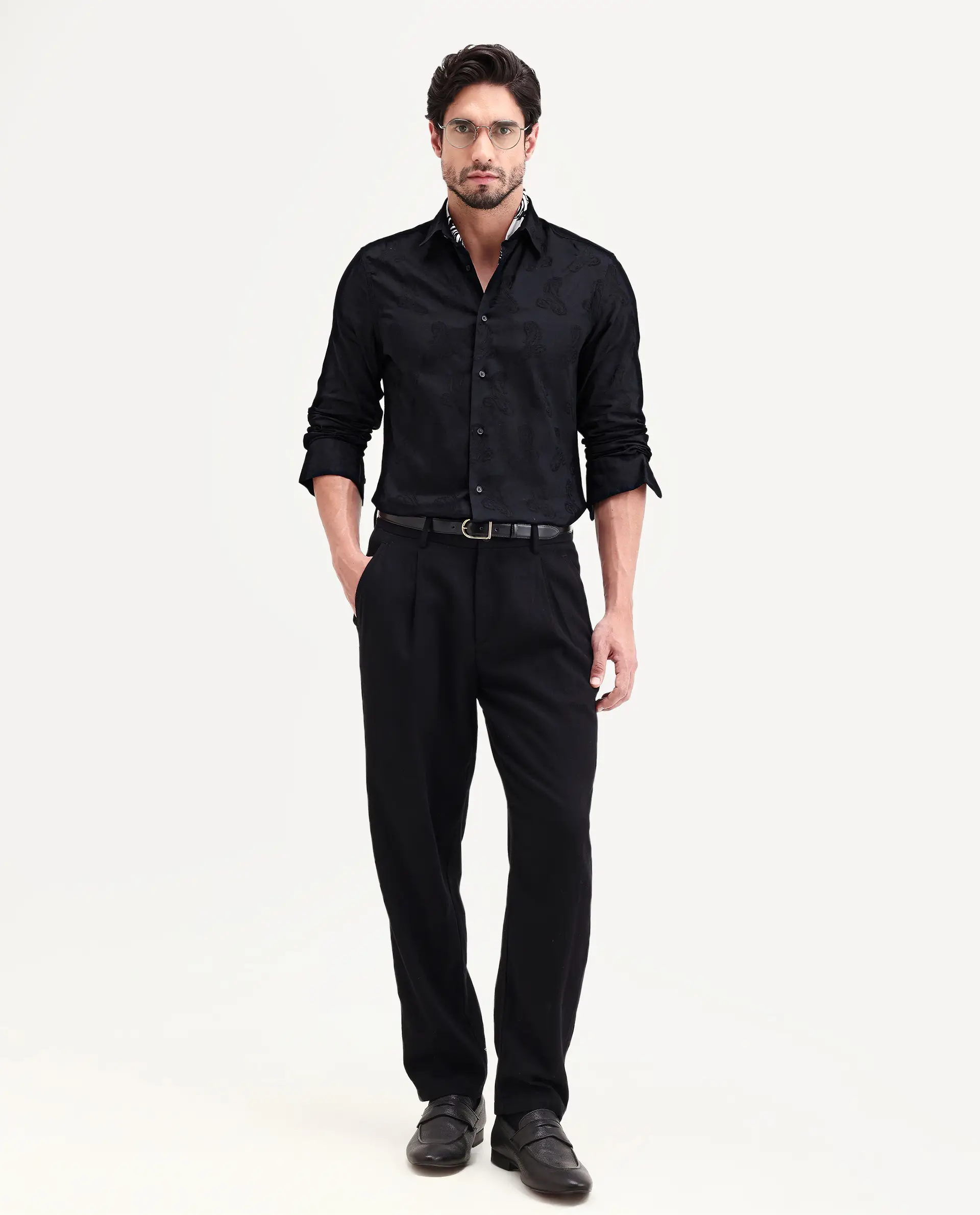 Rare Rabbit Men's Alvo Black Viscose Blend Fabric Full Sleeve Spread Collar Regular Fit Jacquard Shirt - Image 2