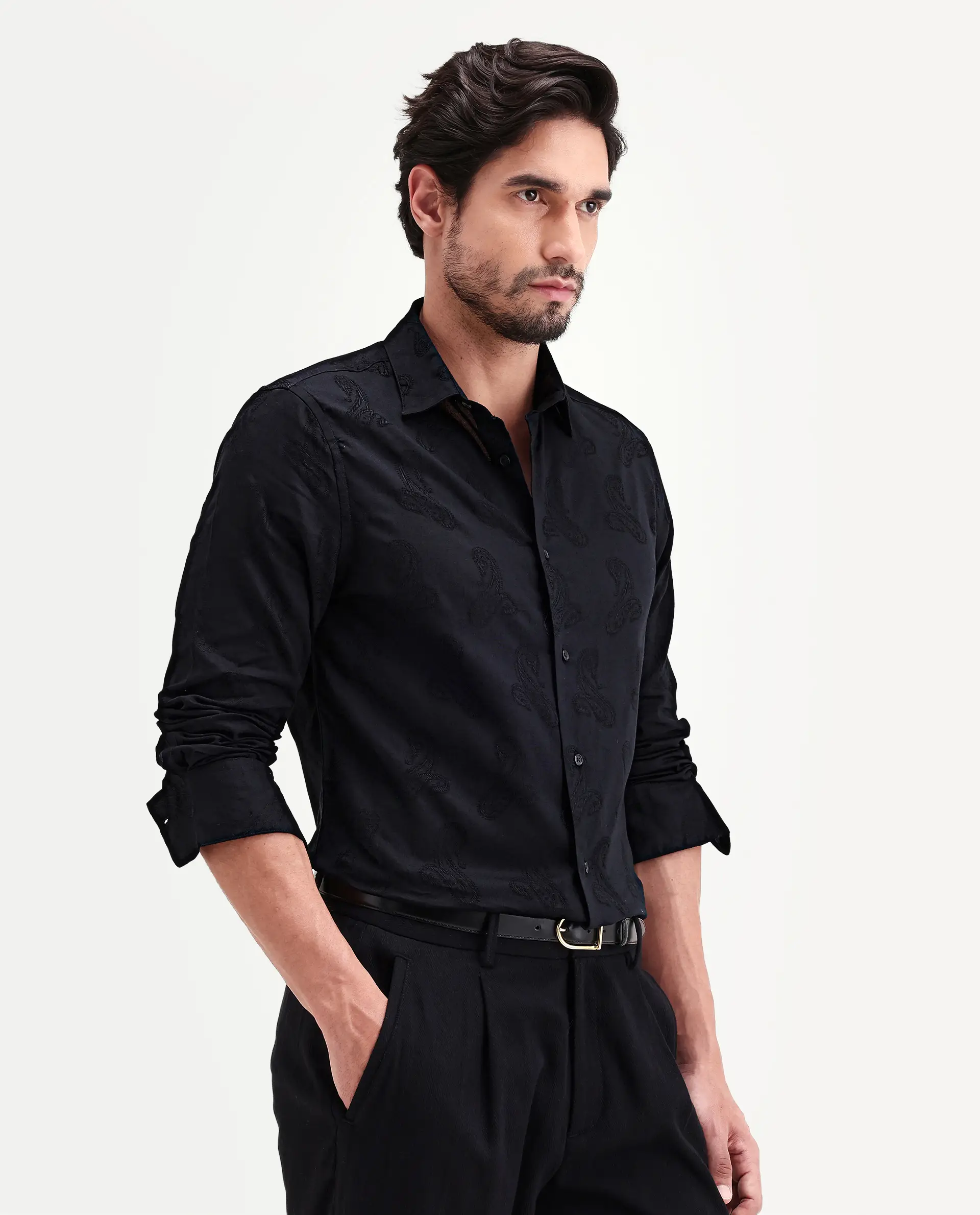 Rare Rabbit Men's Alvo Black Viscose Blend Fabric Full Sleeve Spread Collar Regular Fit Jacquard Shirt - Image 4