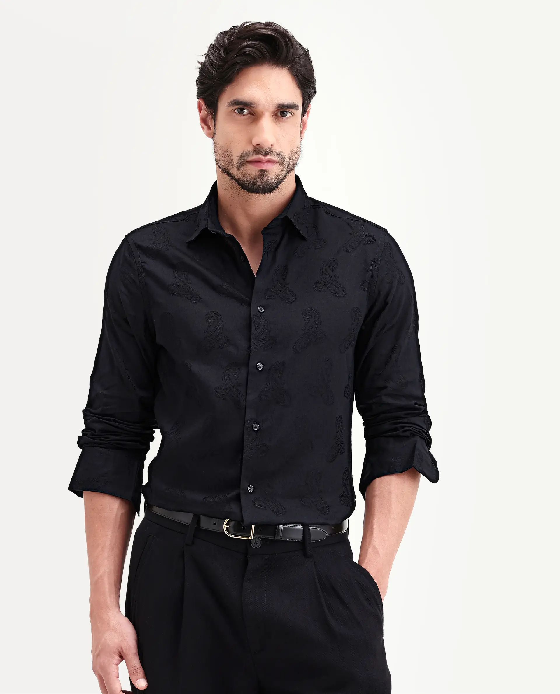 Rare Rabbit Men's Alvo Black Viscose Blend Fabric Full Sleeve Spread Collar Regular Fit Jacquard Shirt - Image 5