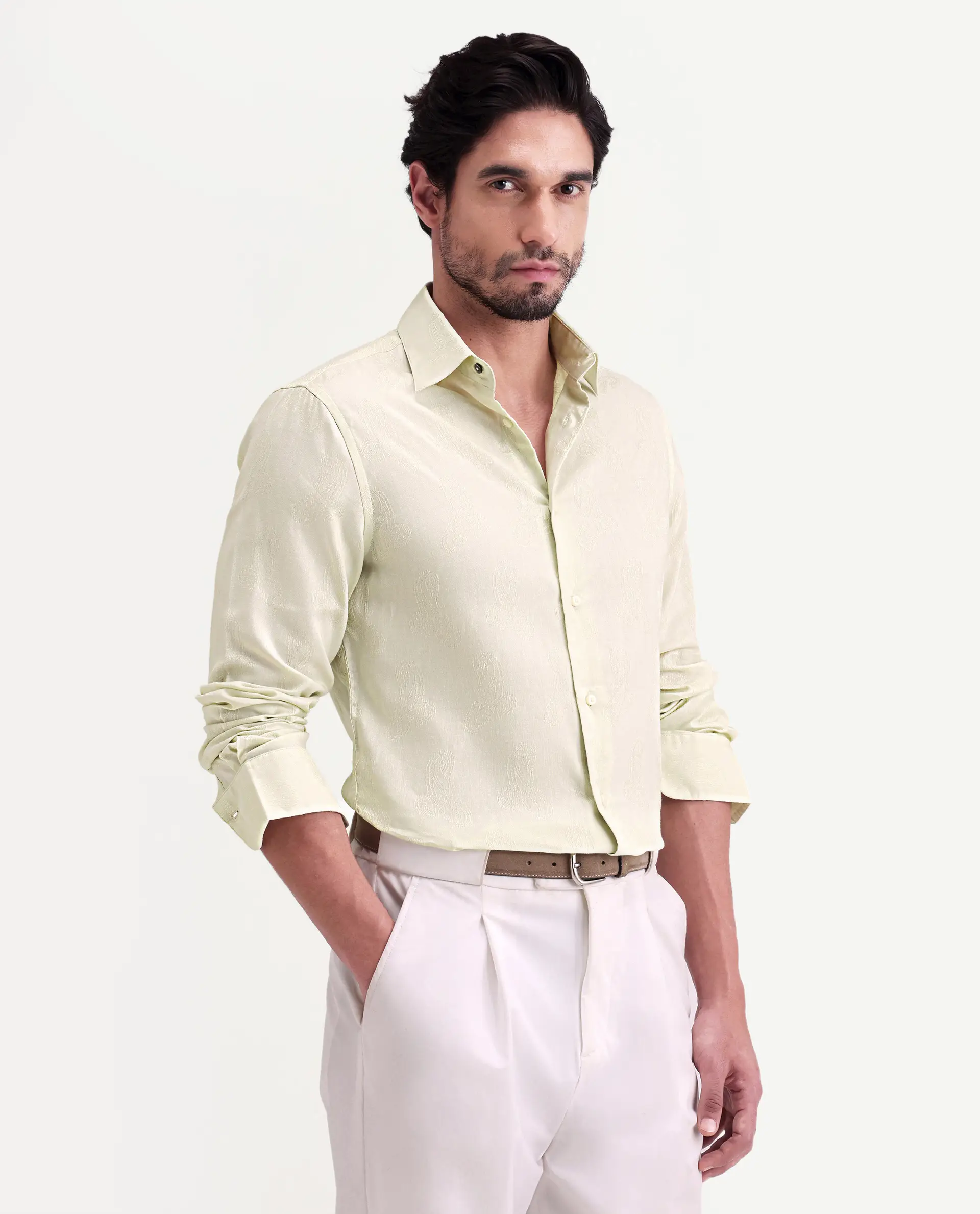 Rare Rabbit Men's Alvo Pastel Green Viscose Blend Fabric Full Sleeve Spread Collar Regular Fit Jacquard Shirt - Image 4