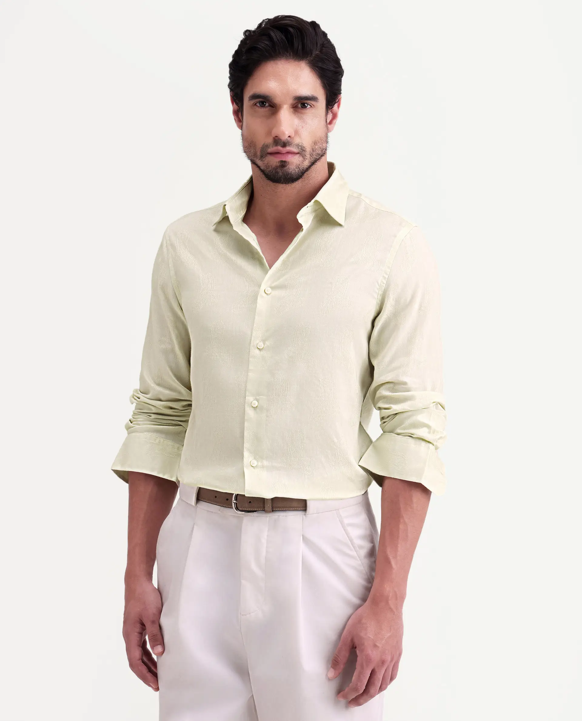 Rare Rabbit Men's Alvo Pastel Green Viscose Blend Fabric Full Sleeve Spread Collar Regular Fit Jacquard Shirt - Image 5