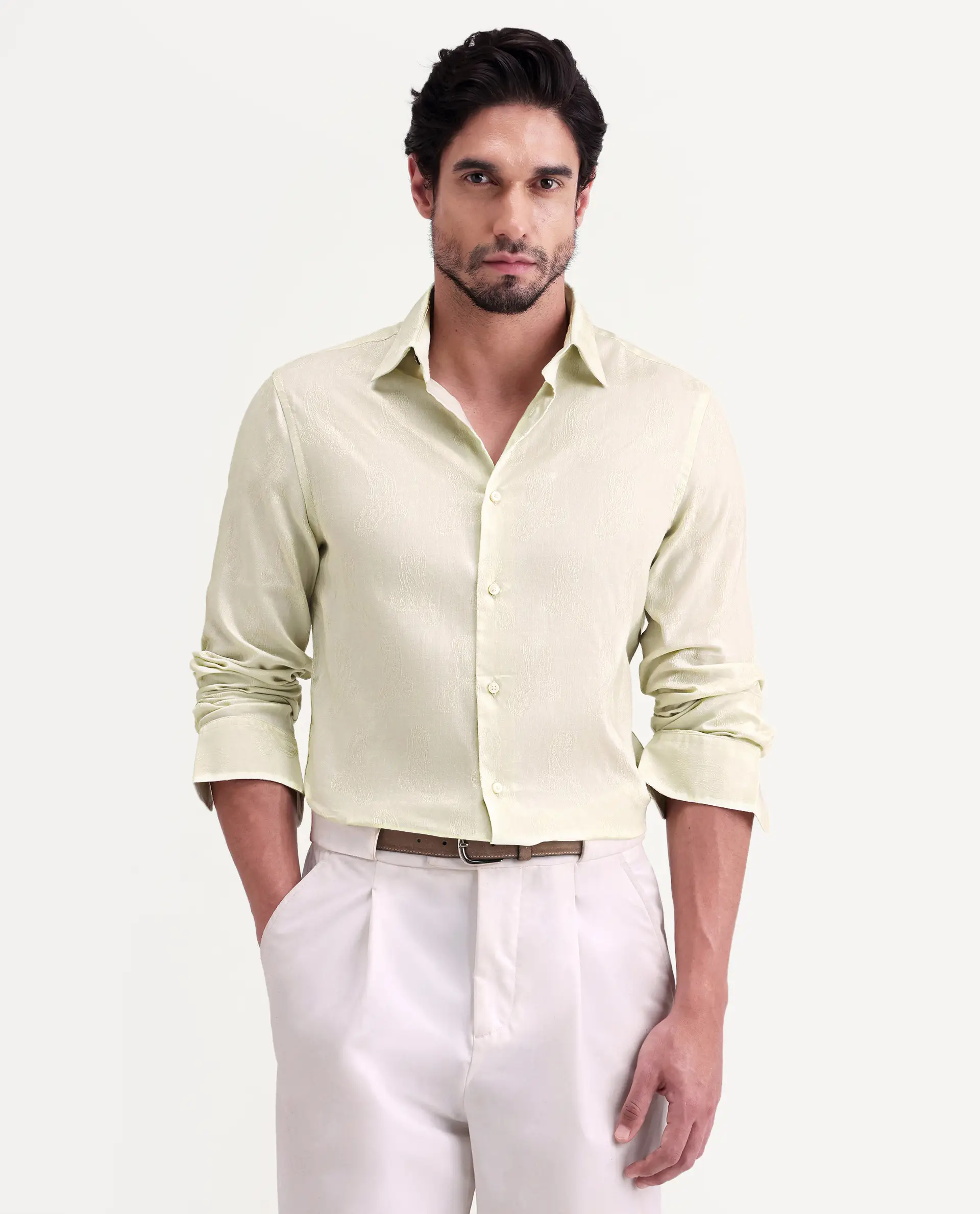 Rare Rabbit Men's Alvo Pastel Green Viscose Blend Fabric Full Sleeve Spread Collar Regular Fit Jacquard Shirt - Image 7