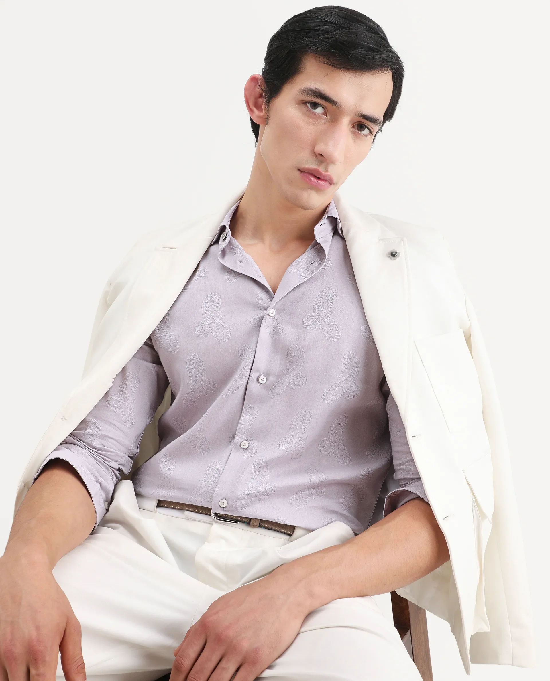 Rare Rabbit Men's Alvo Purple Viscose Blend Fabric Full Sleeve Spread Collar Regular Fit Jacquard Shirt - Image 3