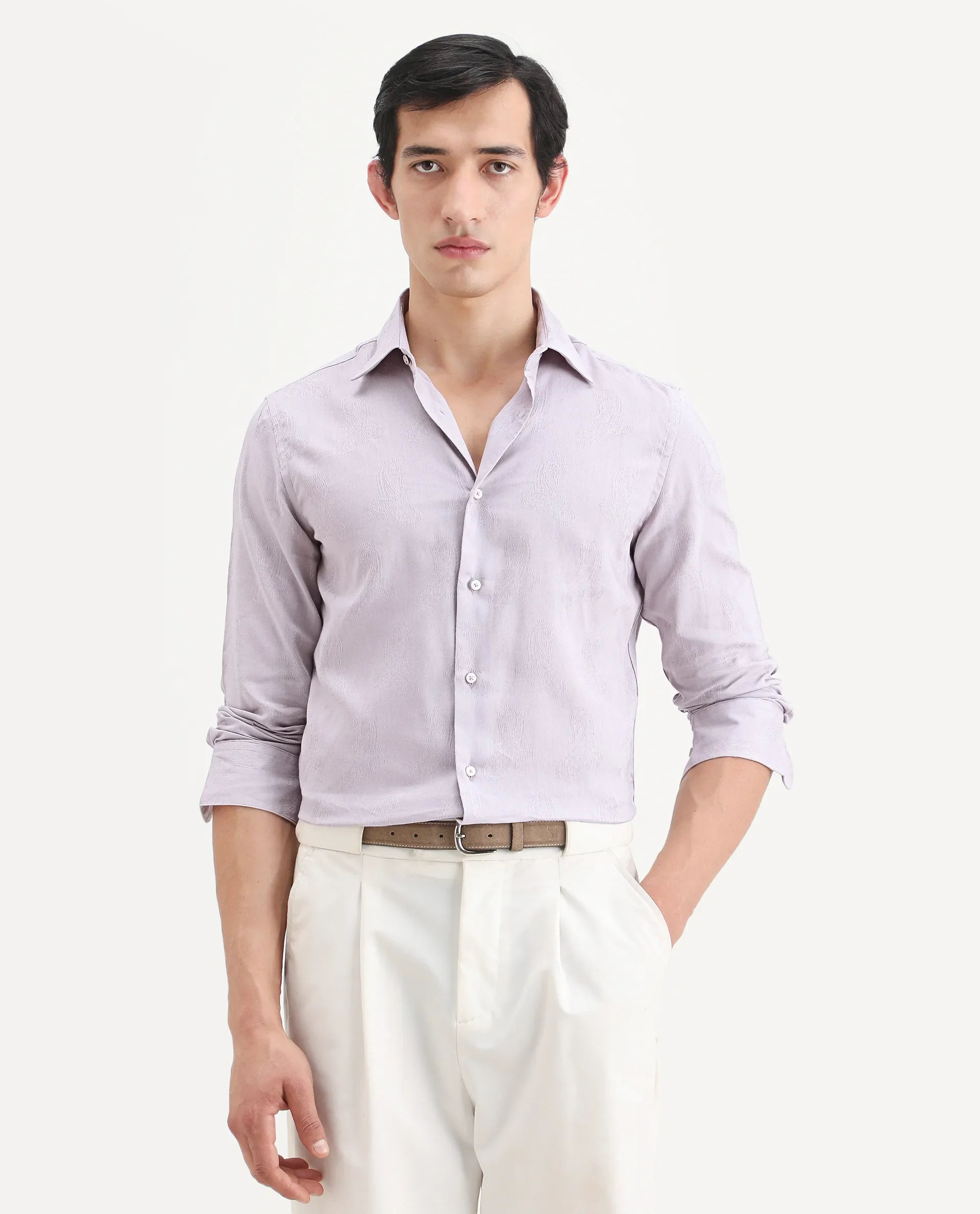 Rare Rabbit Men's Alvo Purple Viscose Blend Fabric Full Sleeve Spread Collar Regular Fit Jacquard Shirt - Image 4
