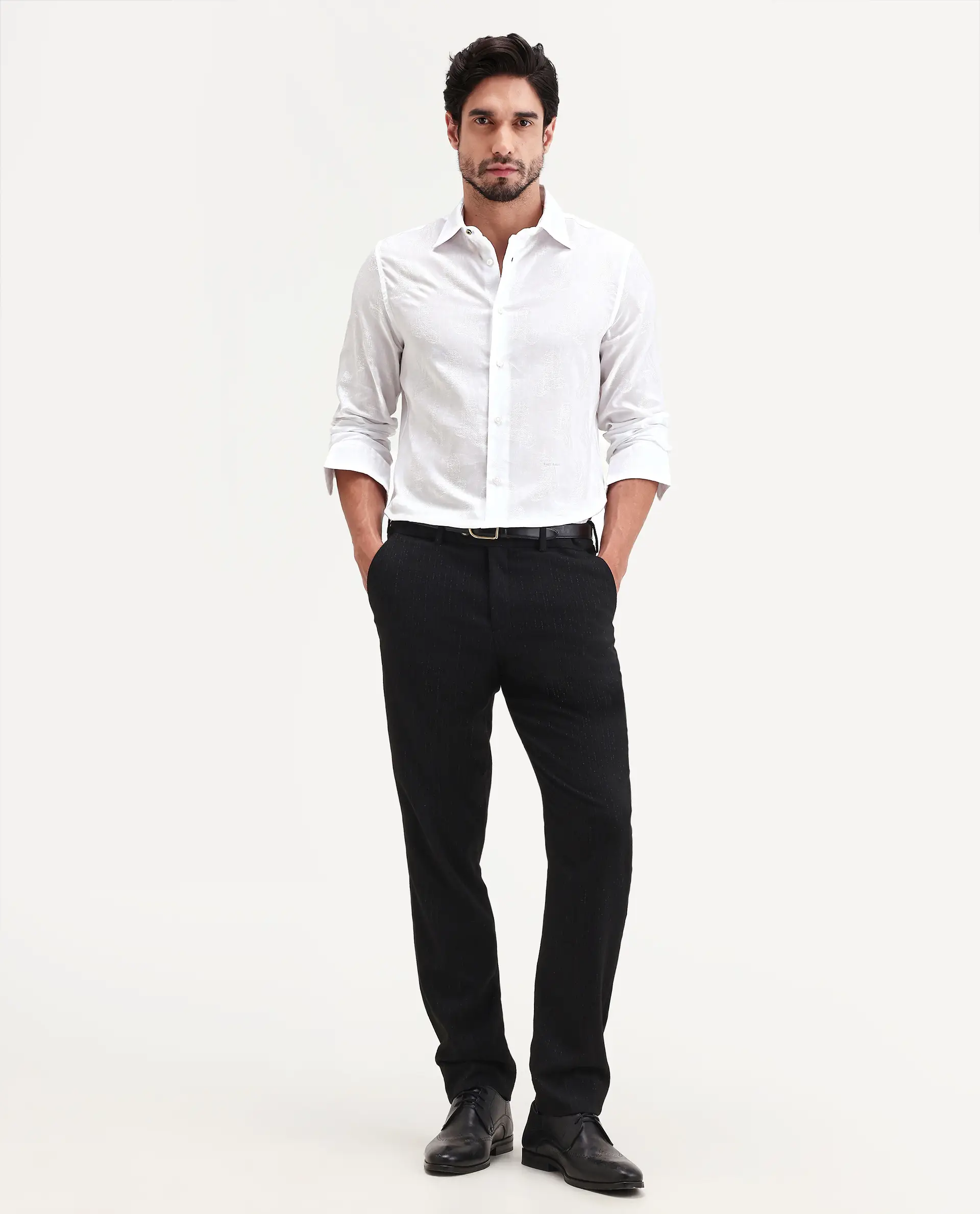Rare Rabbit Men's Alvo White Viscose Blend Fabric Full Sleeve Spread Collar Regular Fit Jacquard Shirt - Image 2