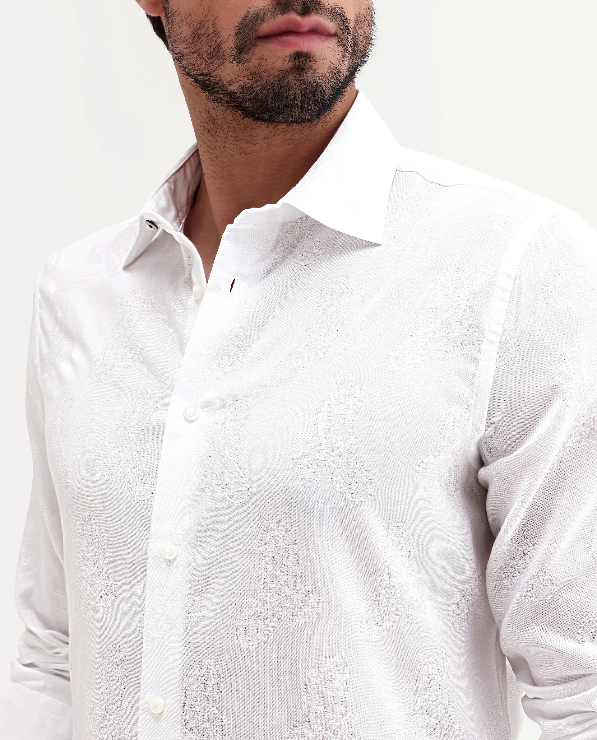 Rare Rabbit Men's Alvo White Viscose Blend Fabric Full Sleeve Spread Collar Regular Fit Jacquard Shirt - Image 3
