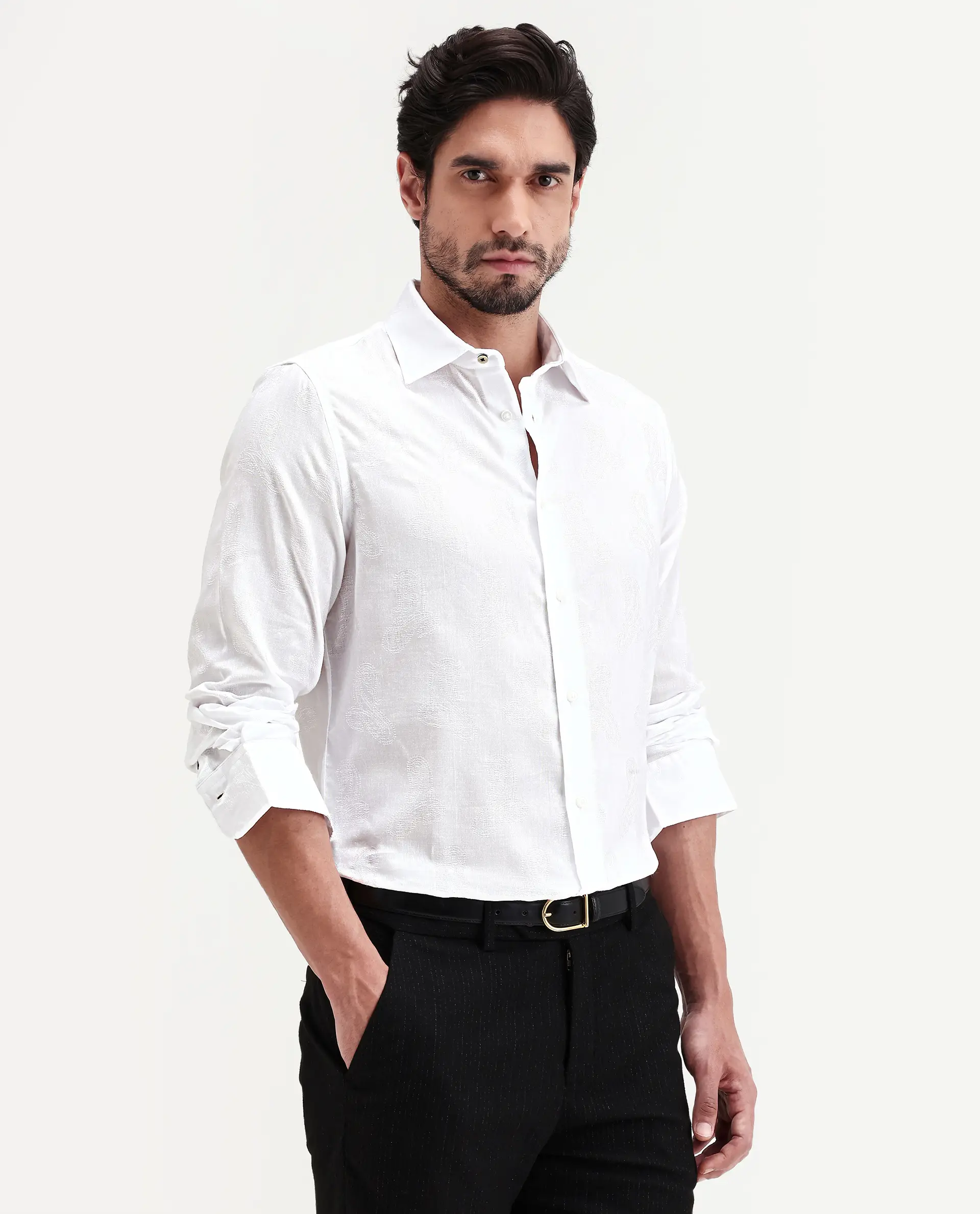 Rare Rabbit Men's Alvo White Viscose Blend Fabric Full Sleeve Spread Collar Regular Fit Jacquard Shirt - Image 4