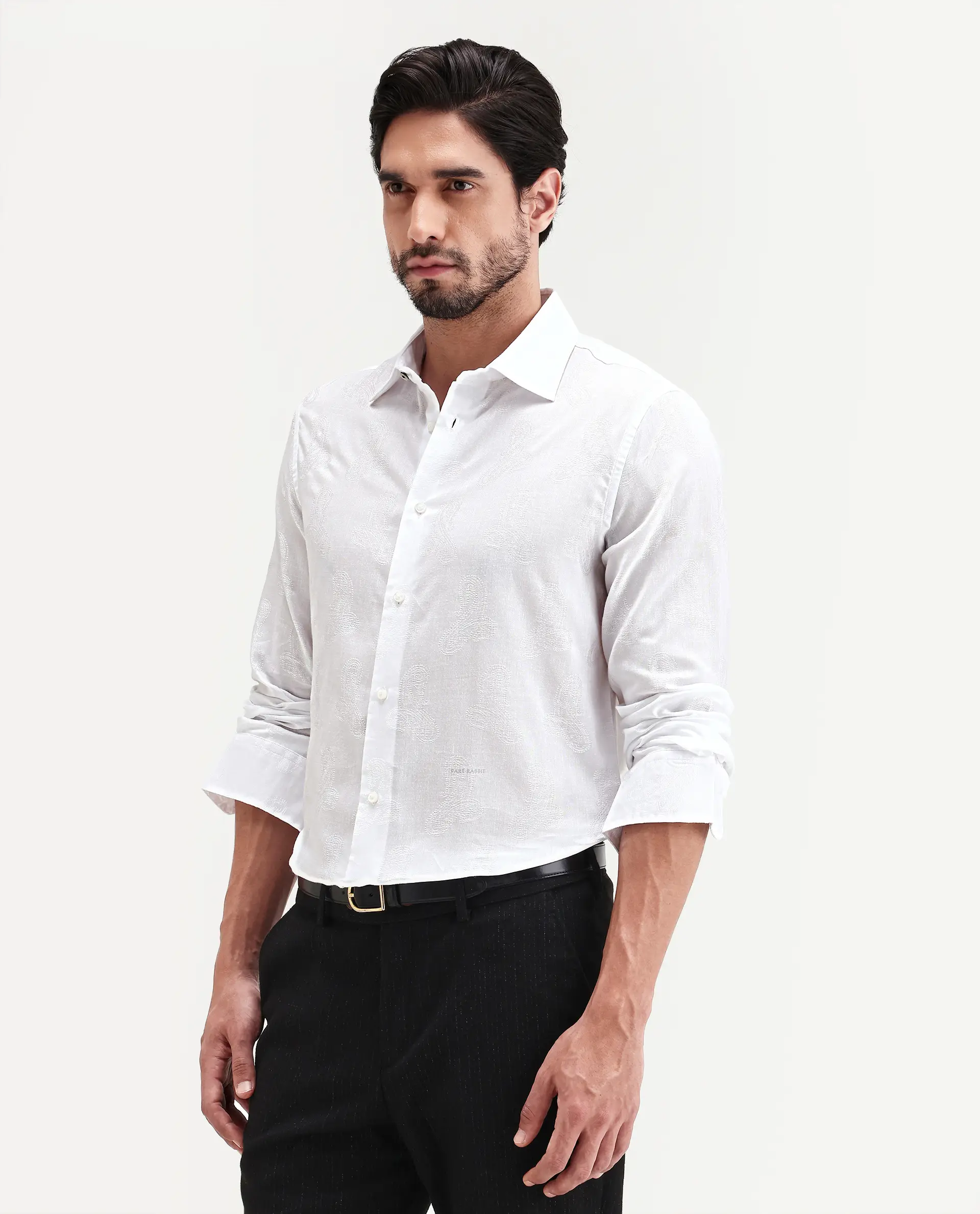 Rare Rabbit Men's Alvo White Viscose Blend Fabric Full Sleeve Spread Collar Regular Fit Jacquard Shirt - Image 5