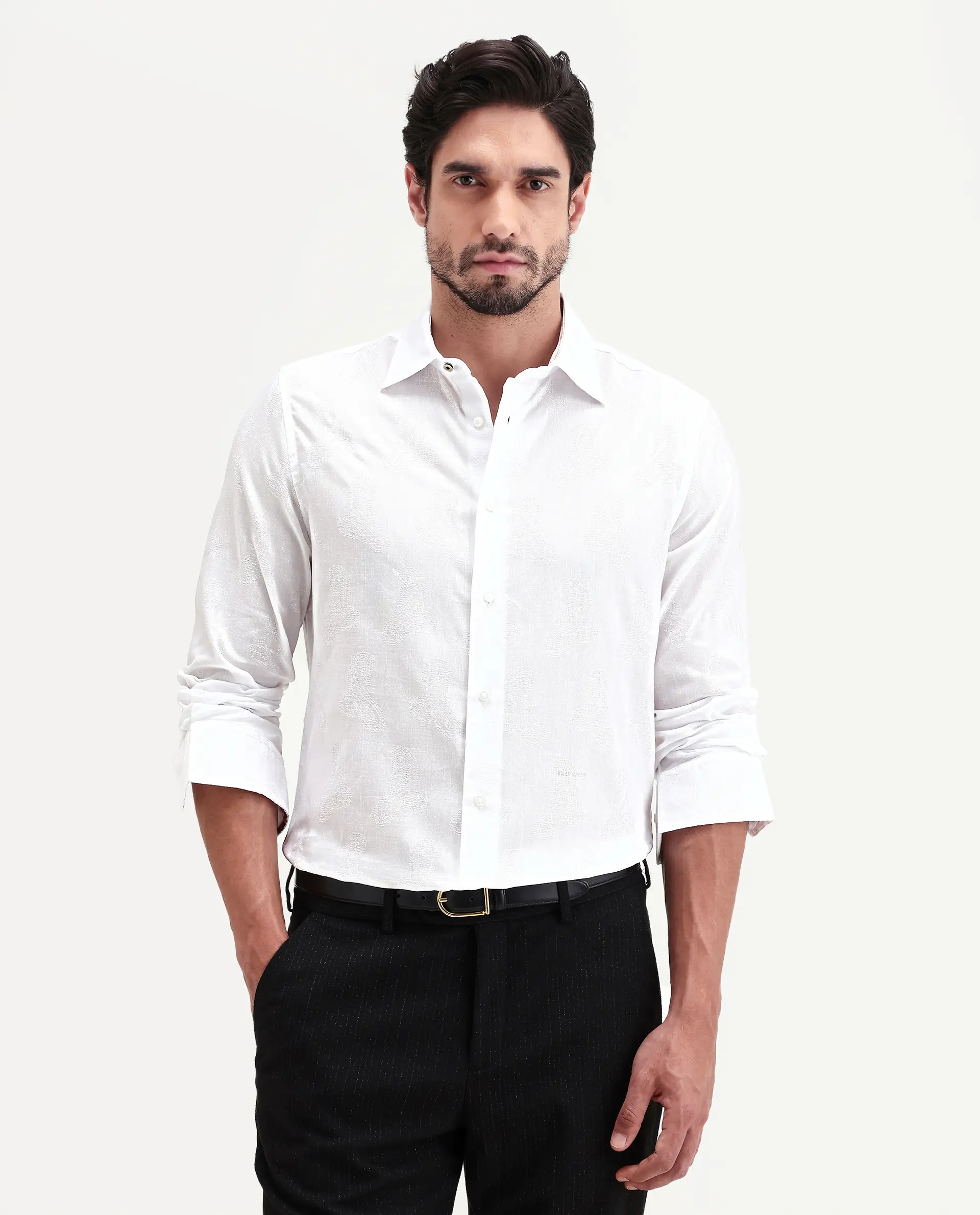 Rare Rabbit Men's Alvo White Viscose Blend Fabric Full Sleeve Spread Collar Regular Fit Jacquard Shirt - Image 6