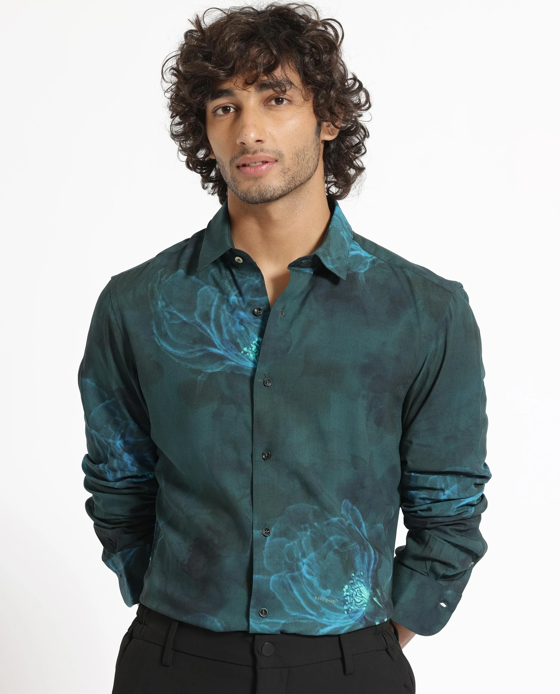 Rare Rabbit Men's Alwick Dark Green Viscose Floral Print Regular Fit Full Sleeve Collared Shirt - Image 10