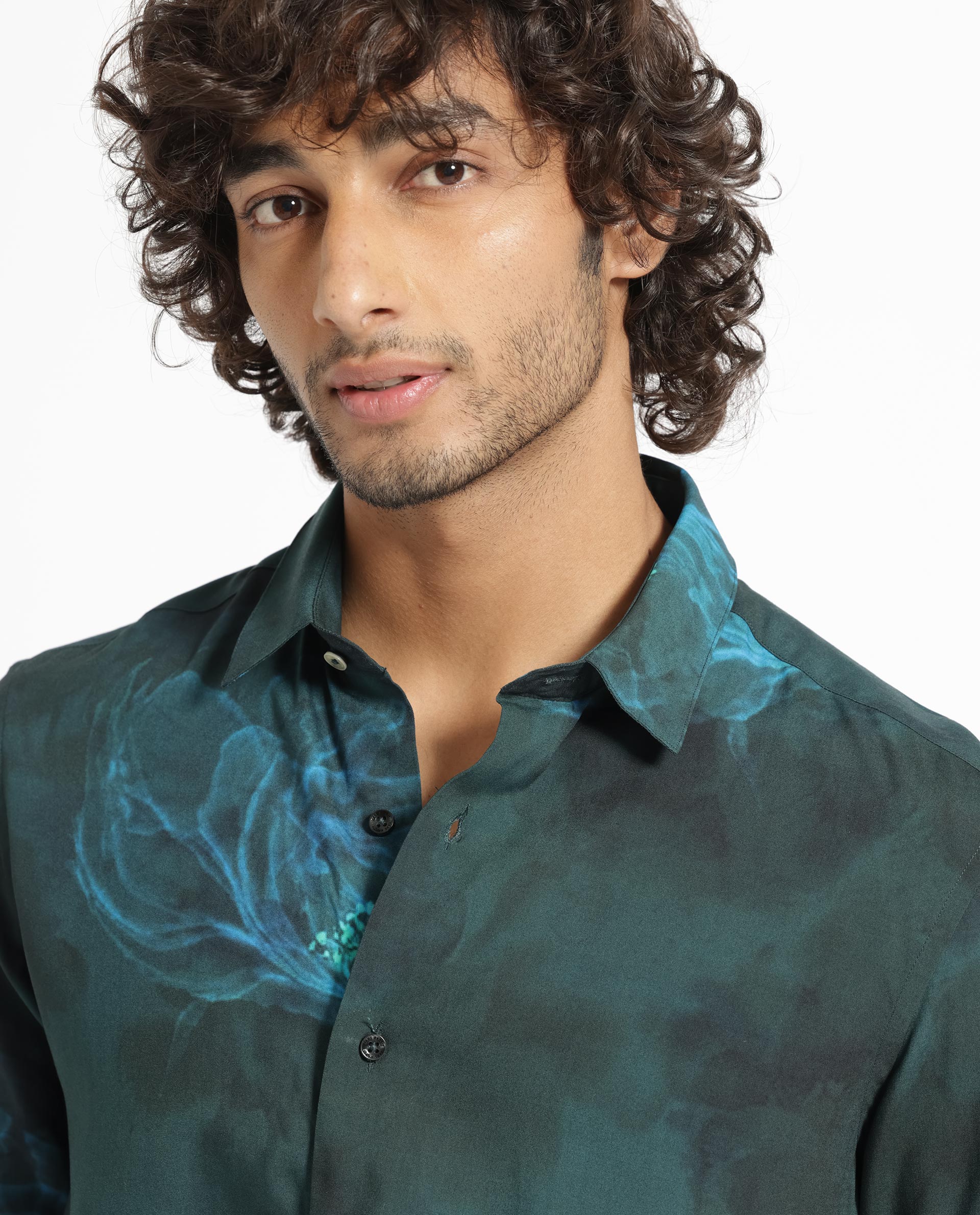 Rare Rabbit Men's Alwick Dark Green Viscose Floral Print Regular Fit Full Sleeve Collared Shirt - Image 2
