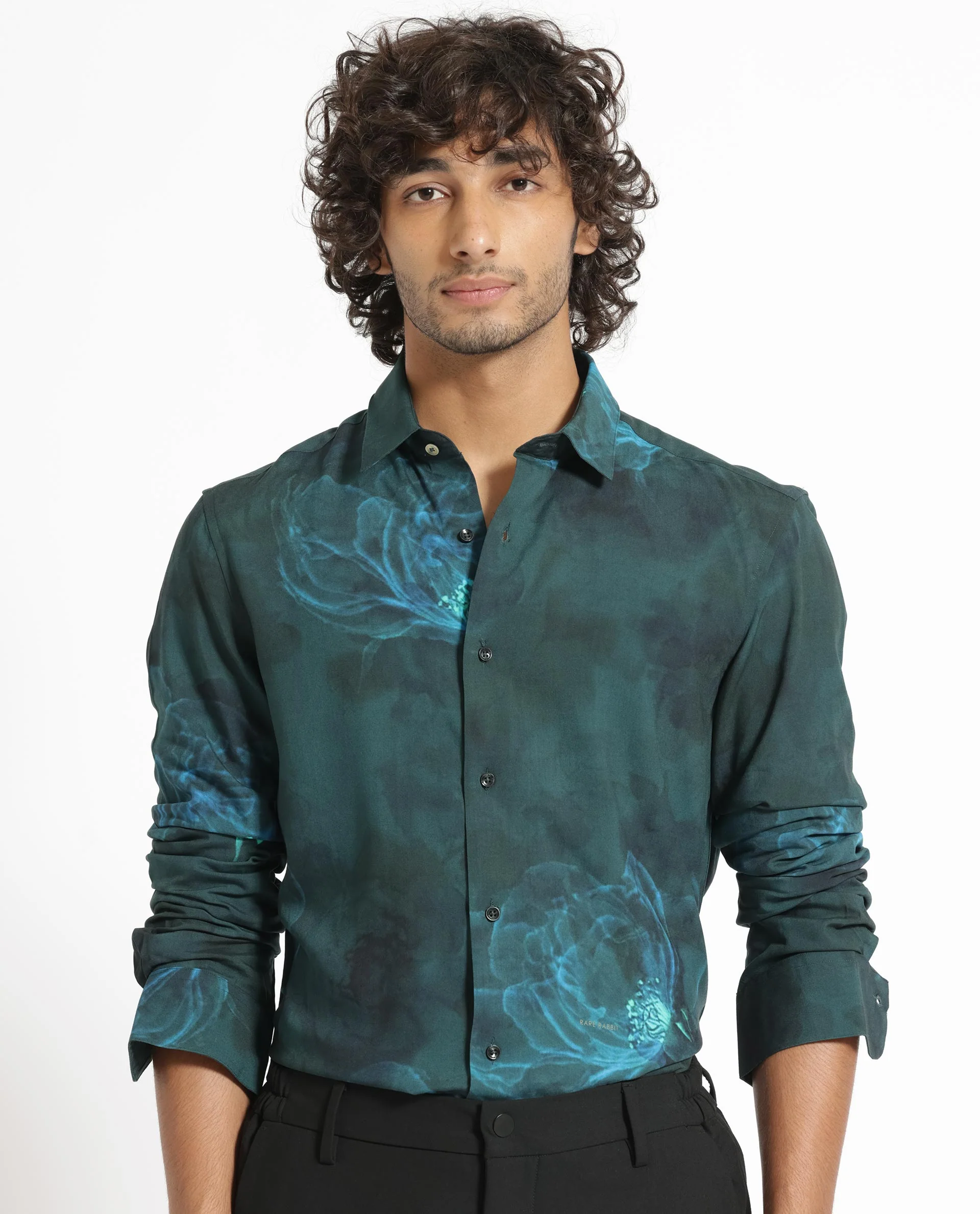 Rare Rabbit Men's Alwick Dark Green Viscose Floral Print Regular Fit Full Sleeve Collared Shirt - Image 4