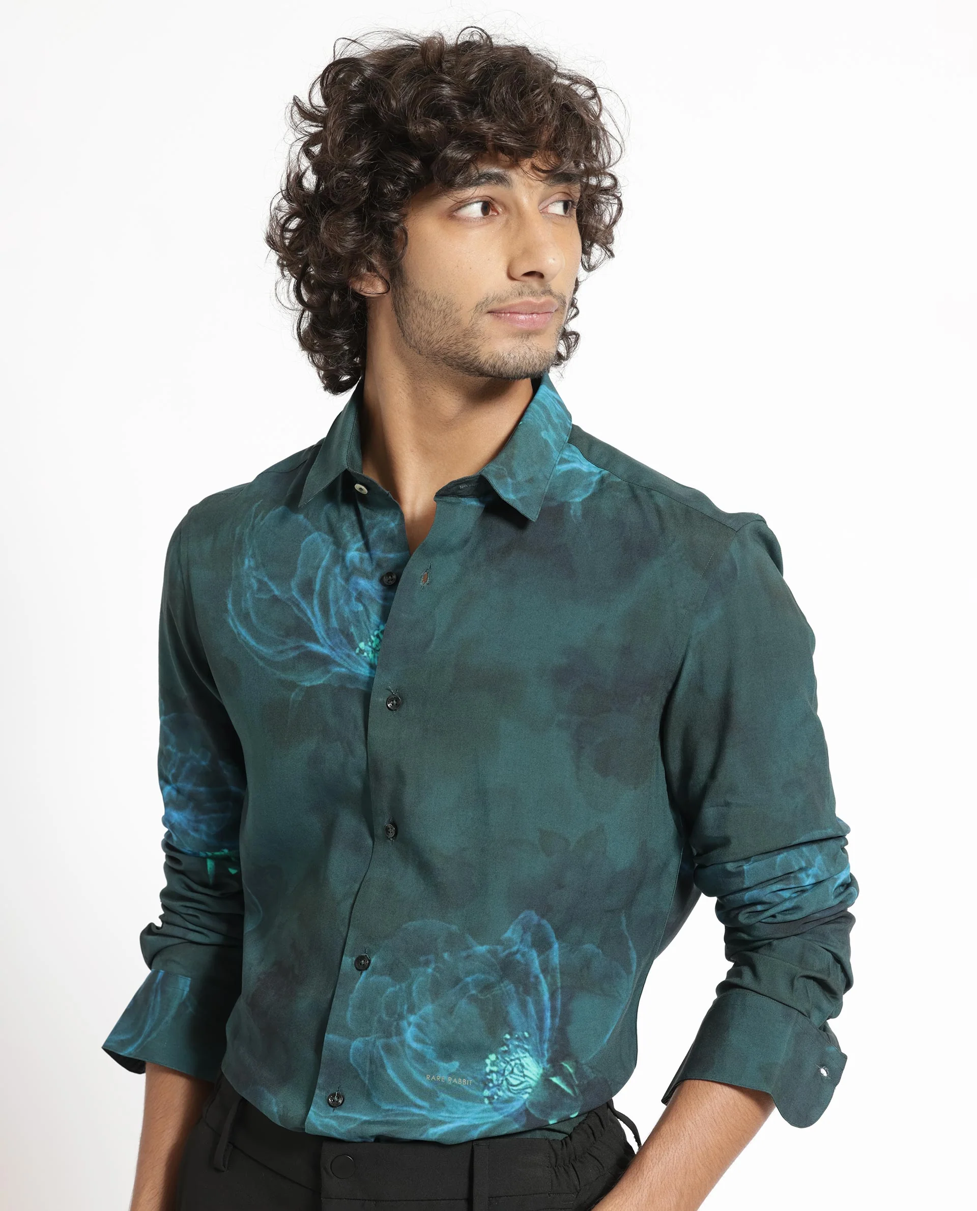 Rare Rabbit Men's Alwick Dark Green Viscose Floral Print Regular Fit Full Sleeve Collared Shirt - Image 5