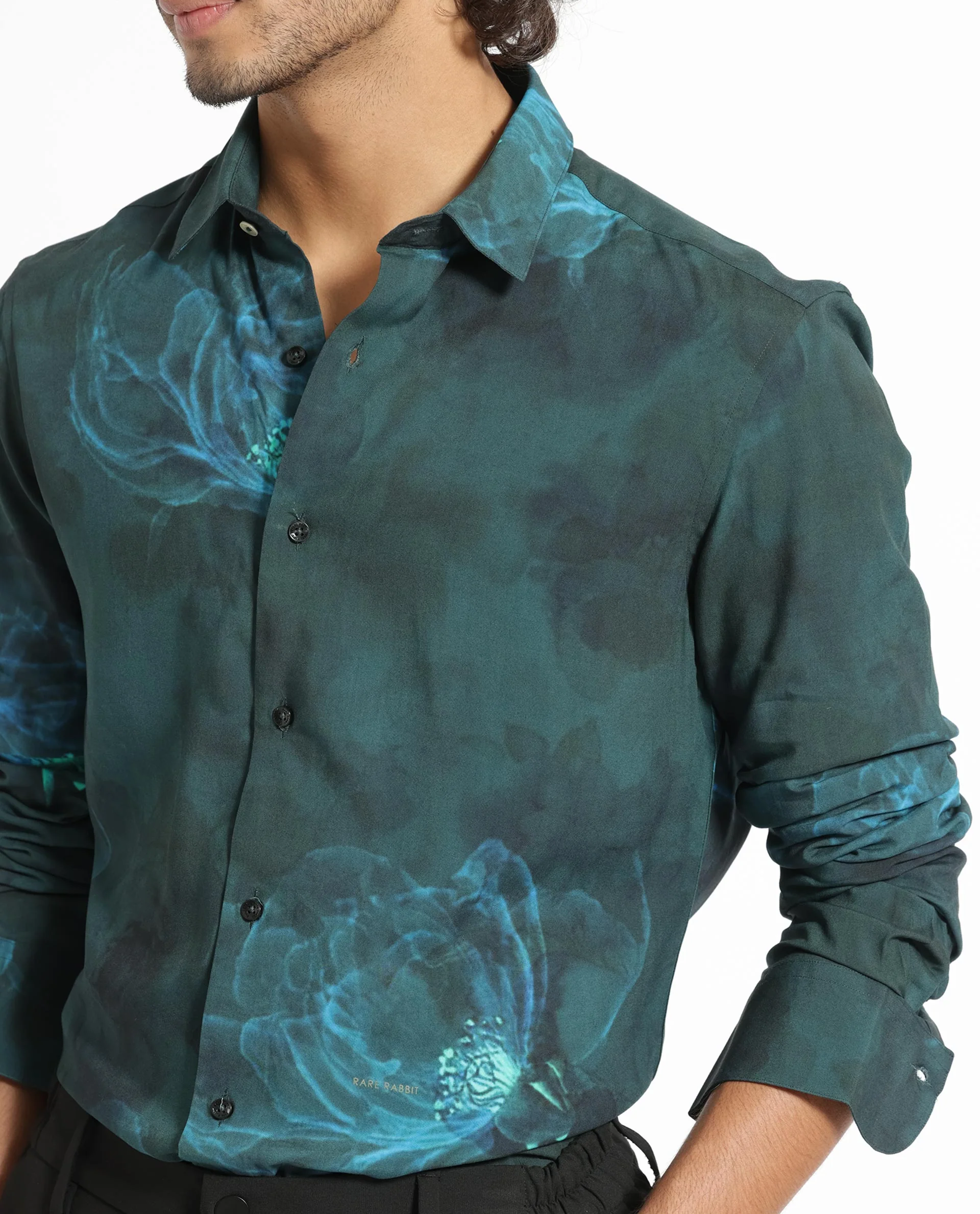 Rare Rabbit Men's Alwick Dark Green Viscose Floral Print Regular Fit Full Sleeve Collared Shirt - Image 6